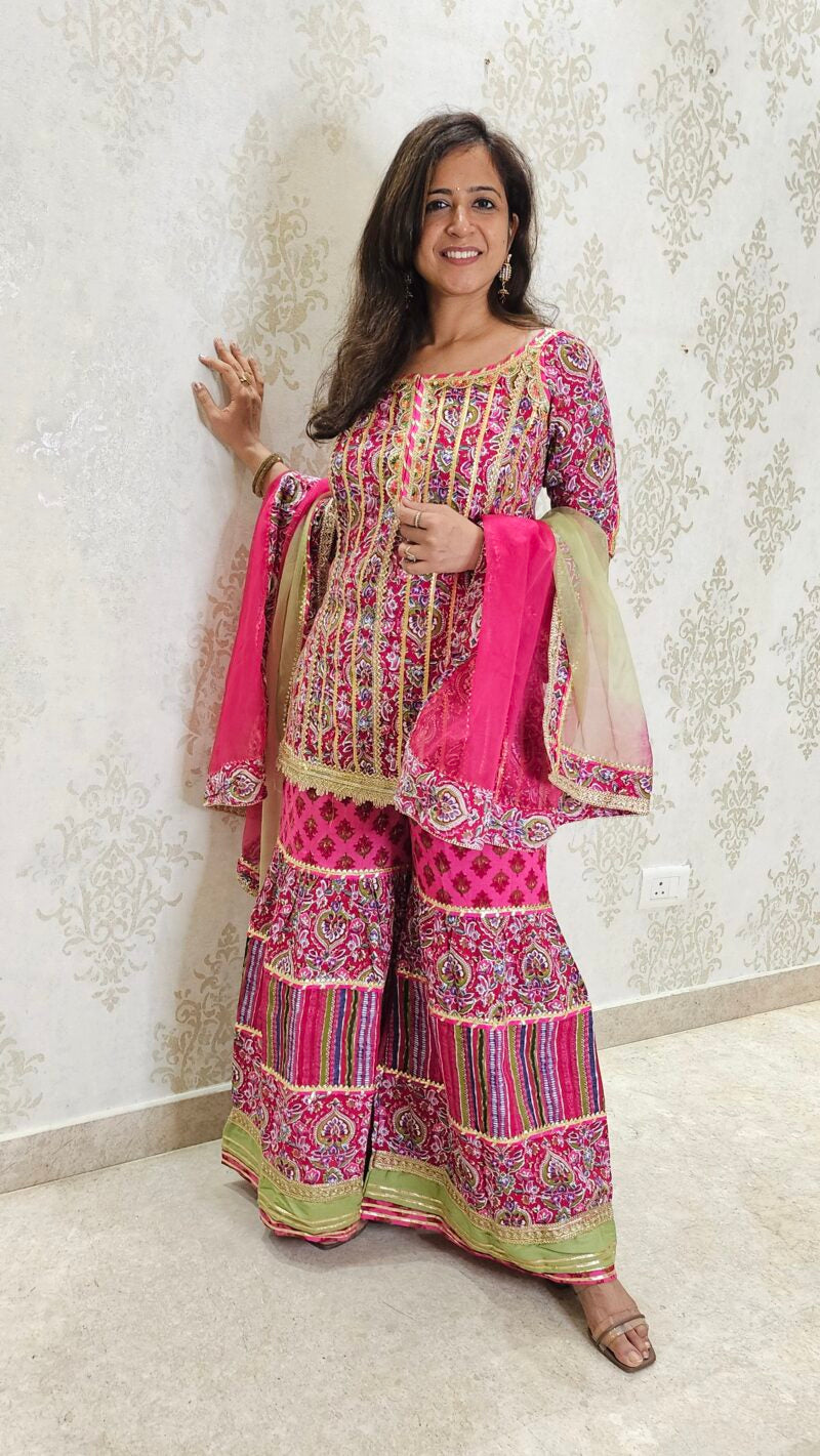 Short Kurti Sharara Dupatta Set with Gotta Patti Detailing