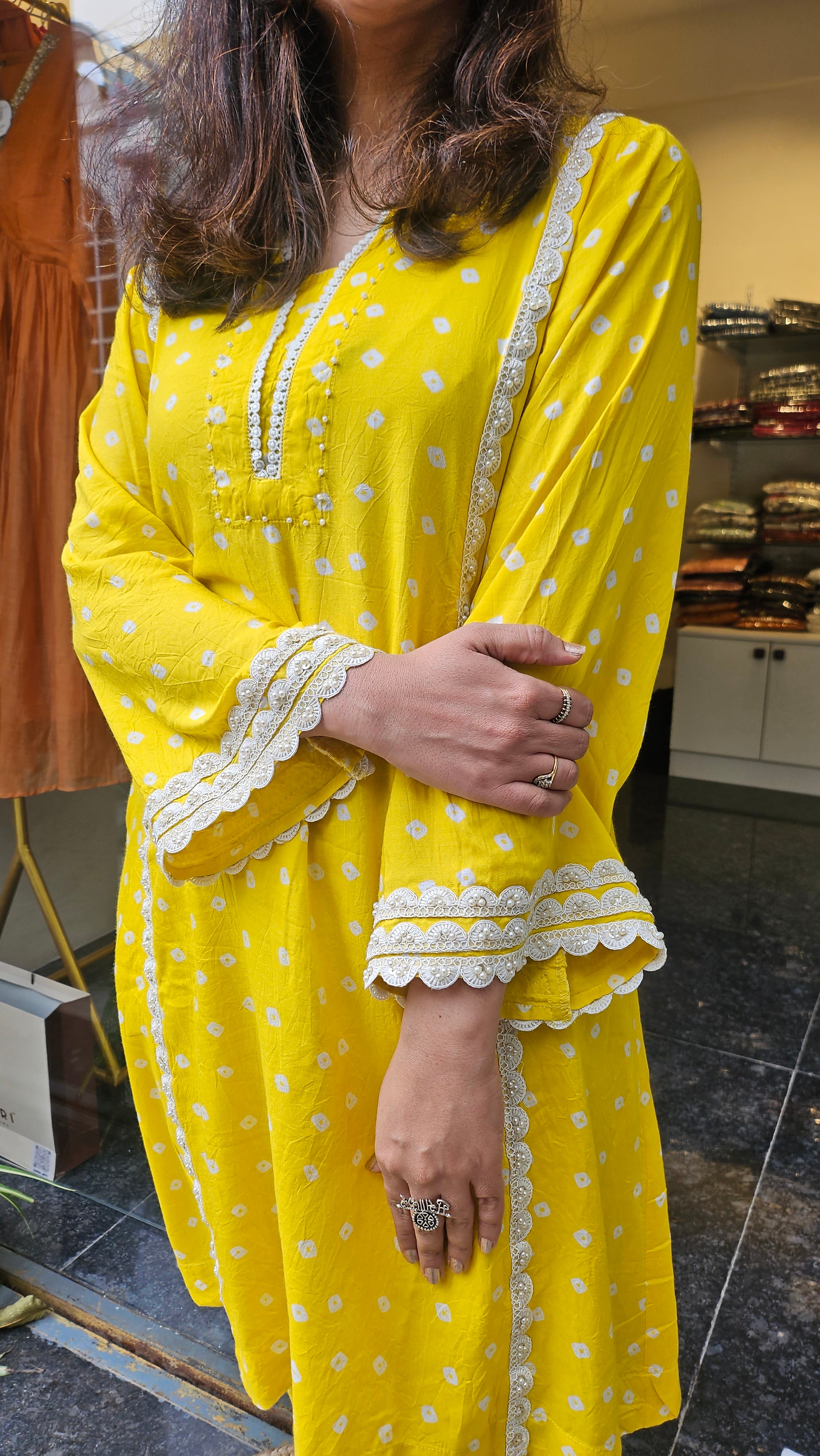 Yellow Bandhej Print Coord Set with Pearl Work