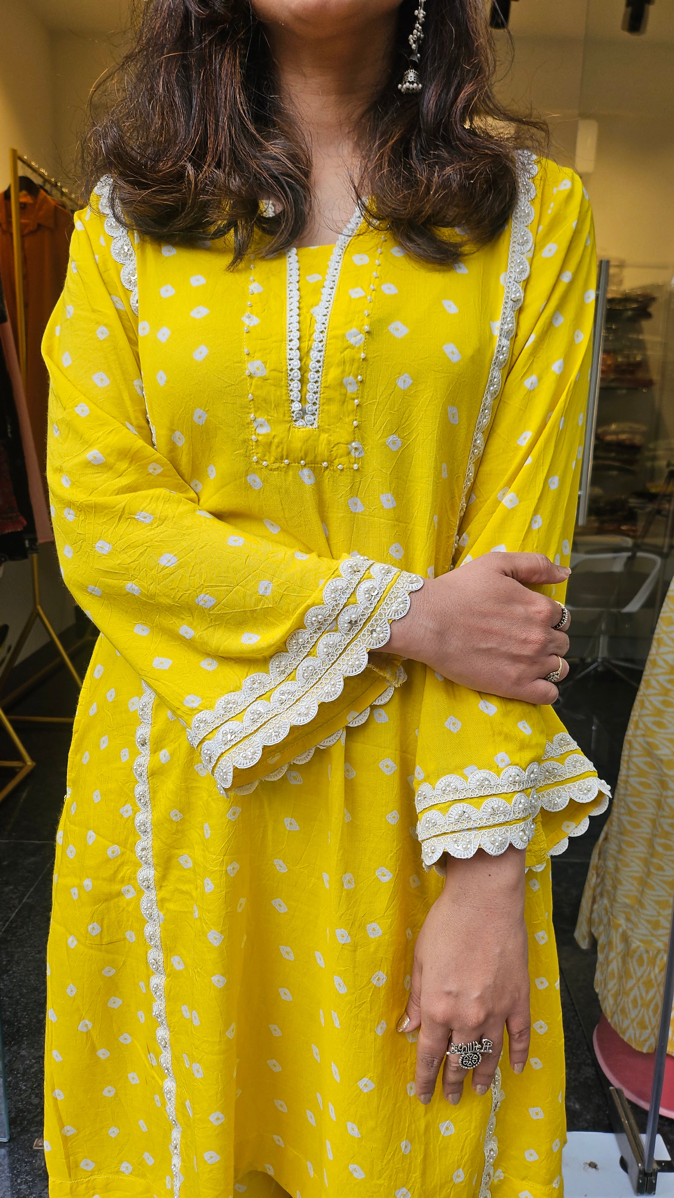 Yellow Bandhej Print Coord Set with Pearl Work