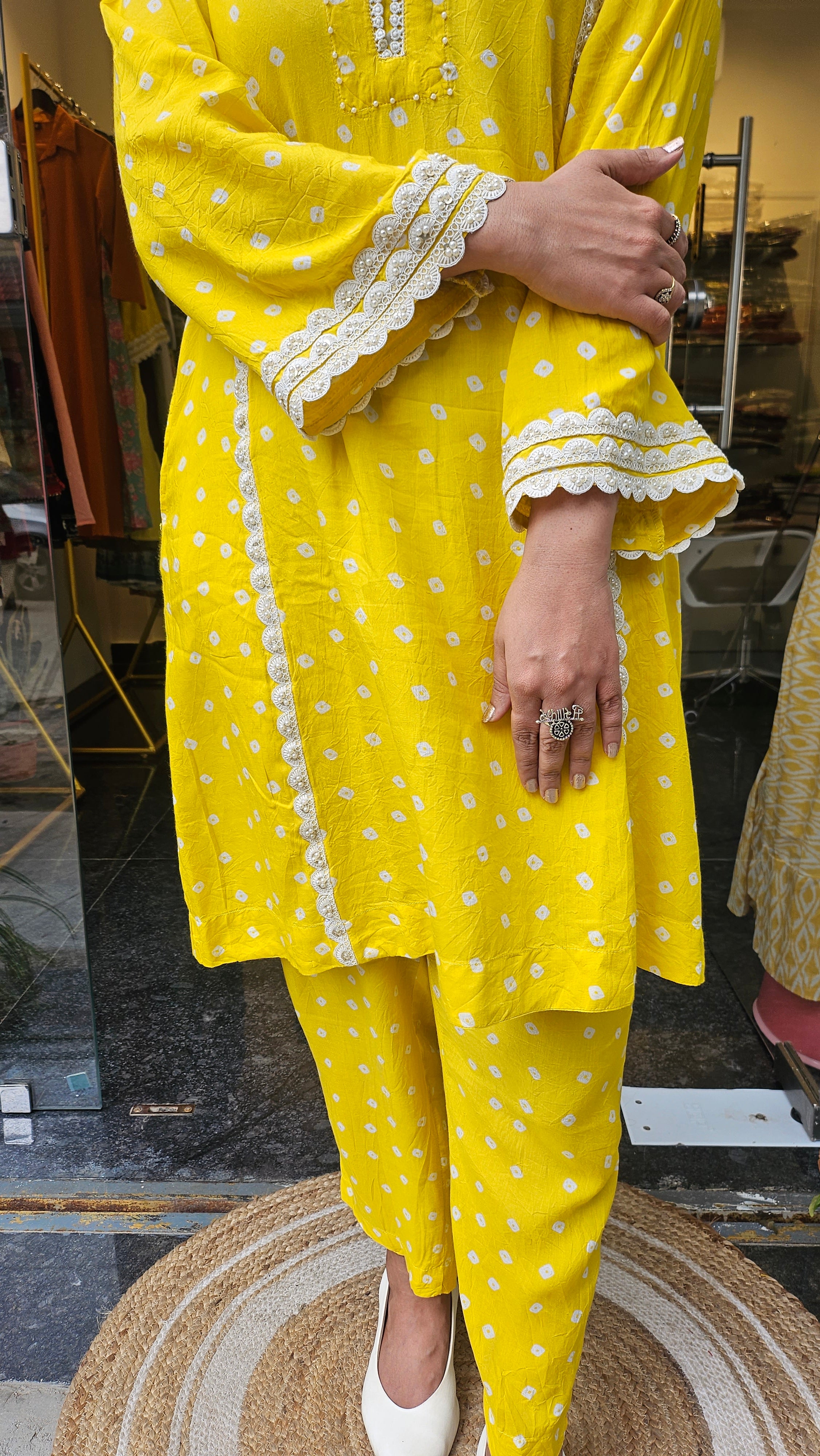 Yellow Bandhej Print Coord Set with Pearl Work