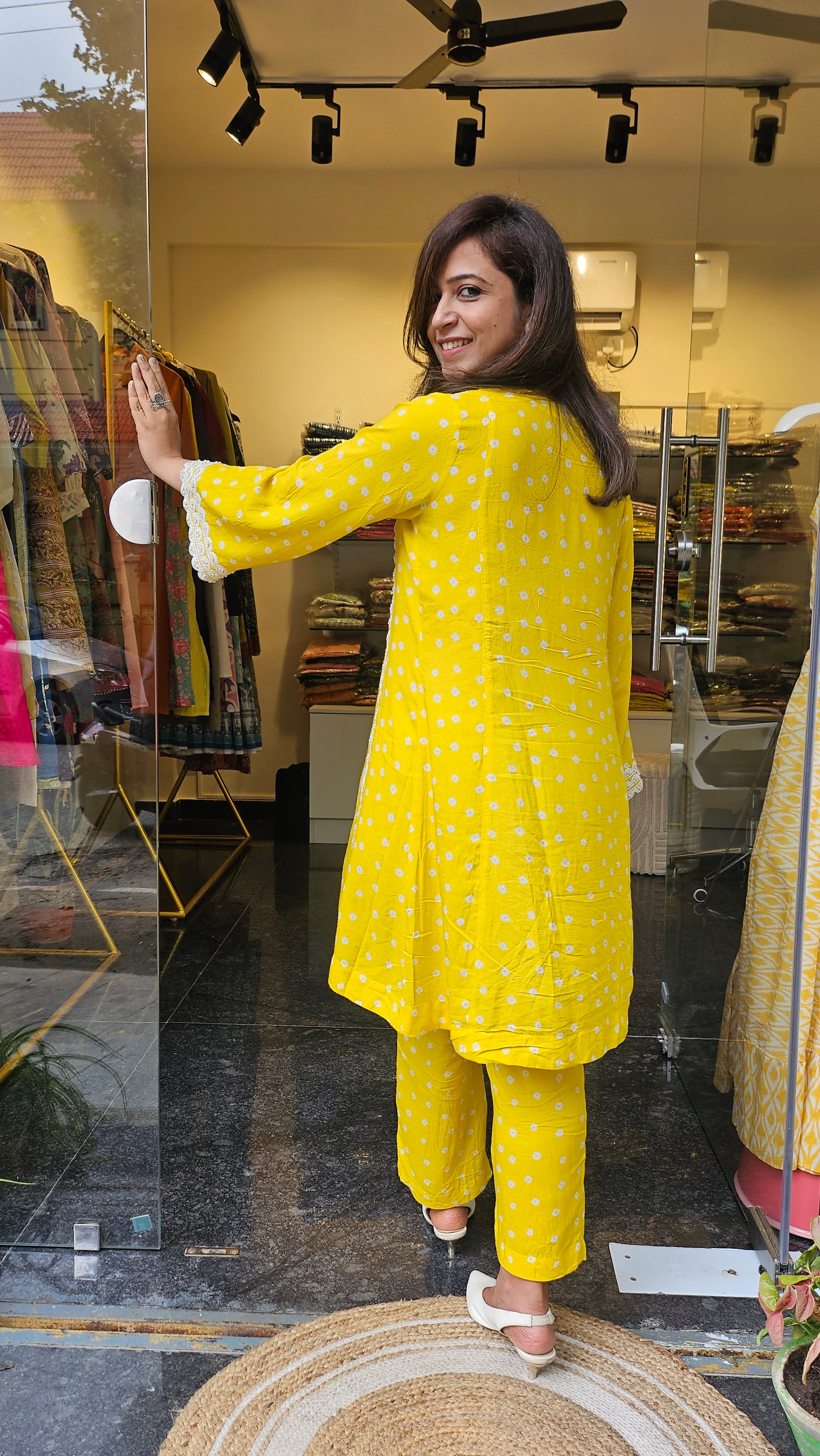 Yellow Bandhej Print Coord Set with Pearl Work