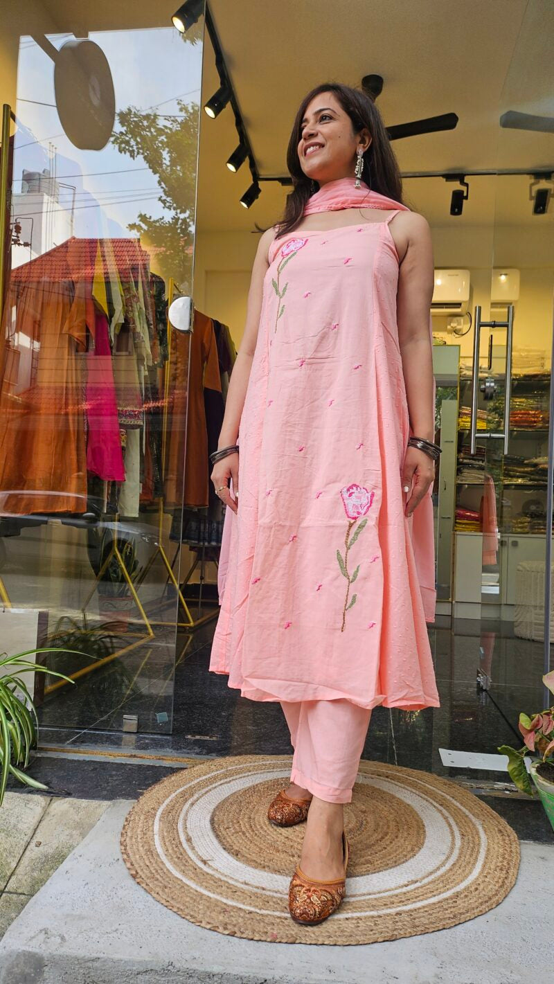 Light Pink Sleeveless Dupatta Suit with Subtle Cross Stitch Embroidery