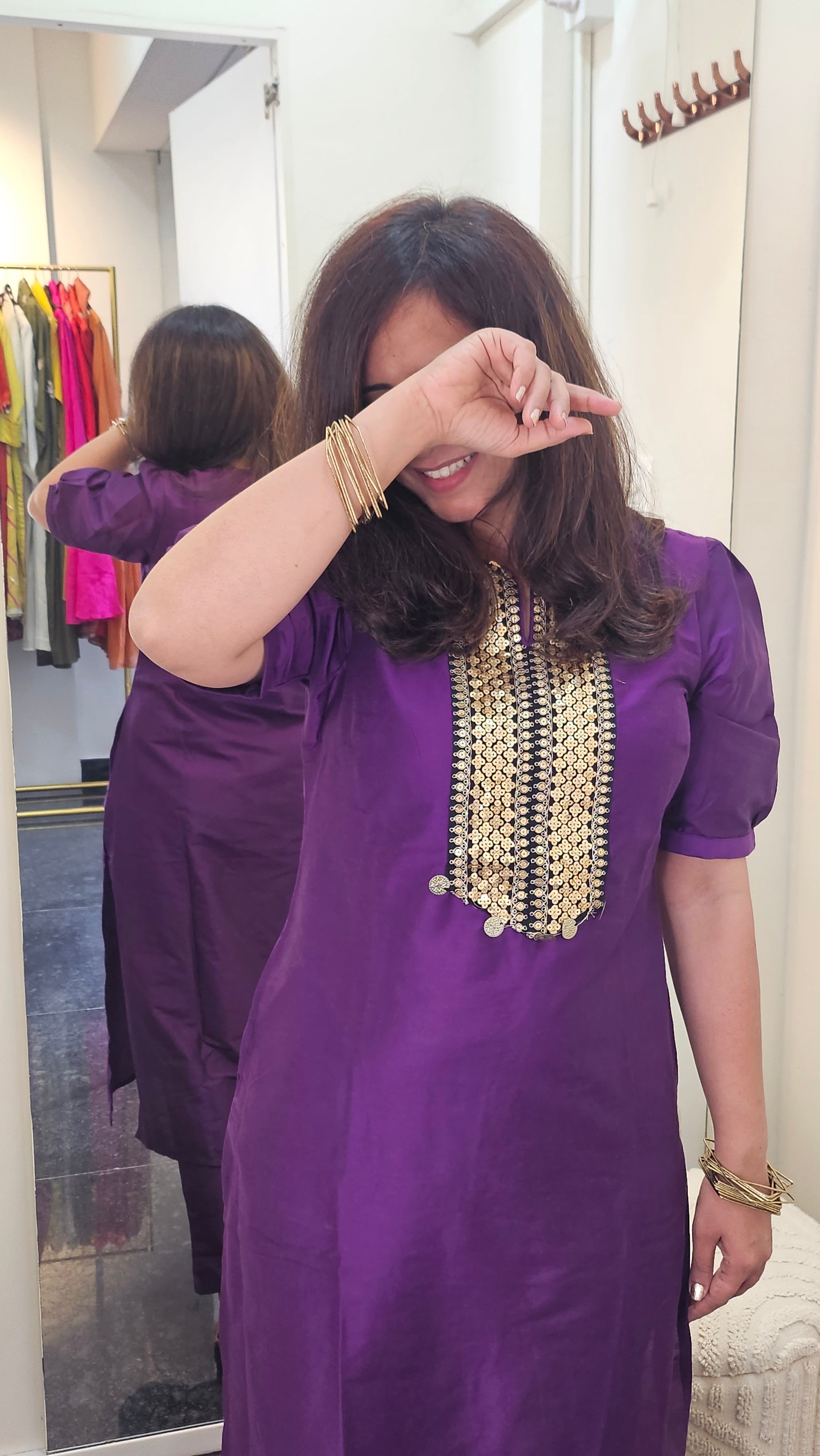Silk Finish Coord Set with Mirror and Sequin Detailing – Available in Red & Purple