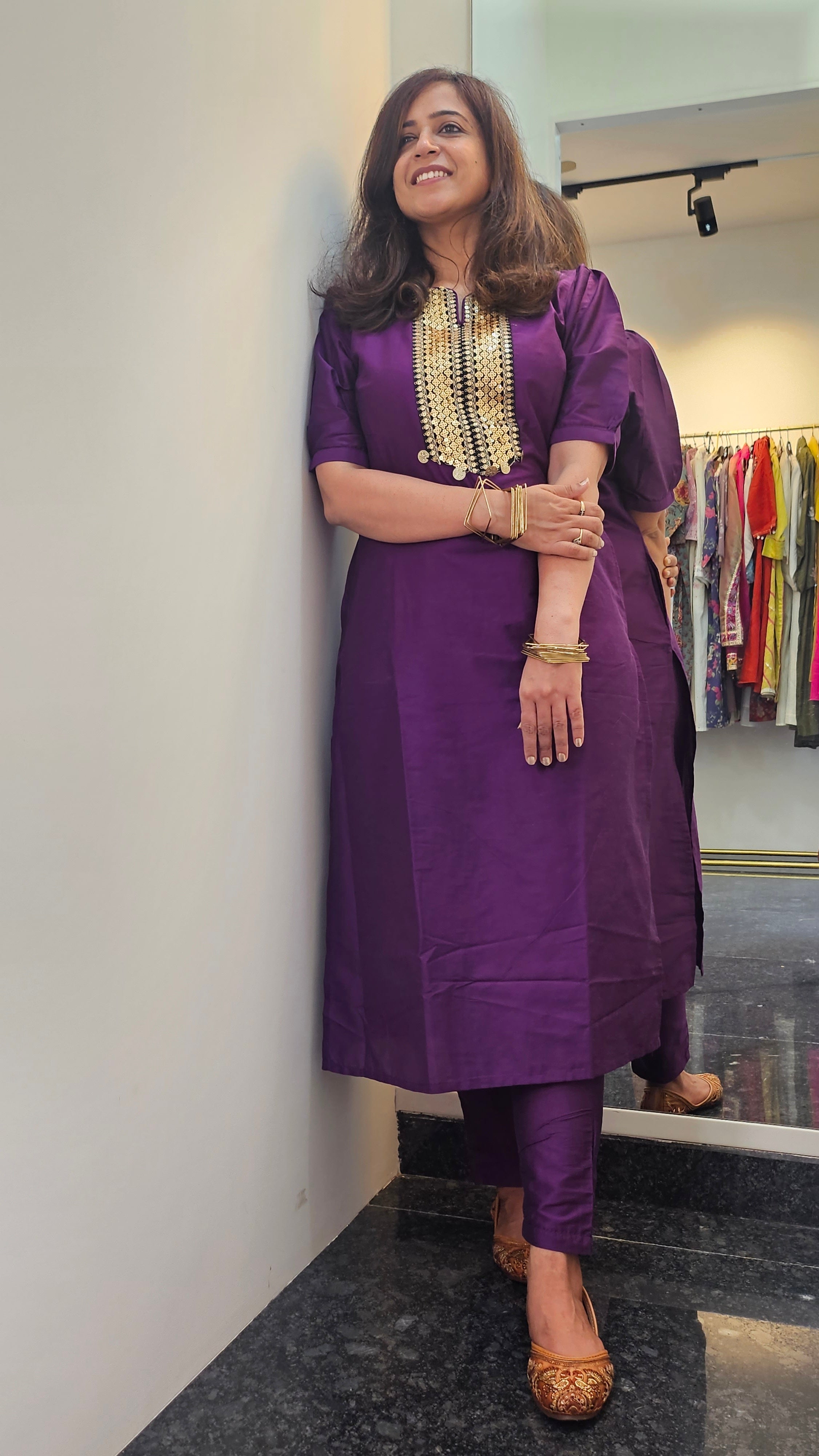 Silk Finish Coord Set with Mirror and Sequin Detailing – Available in Red & Purple