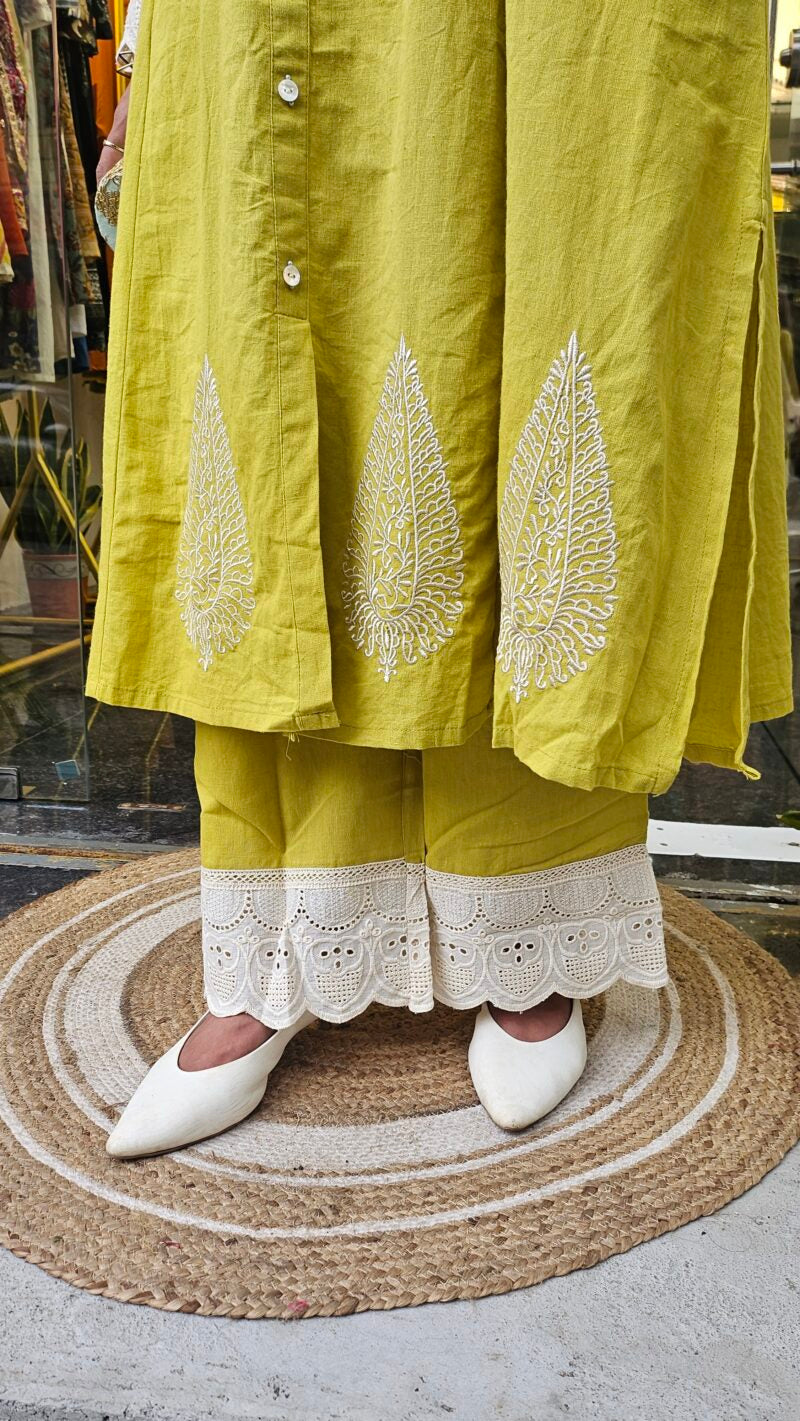 Lime Green Cotton Coord Set with White Embroidery & Lace Detailing