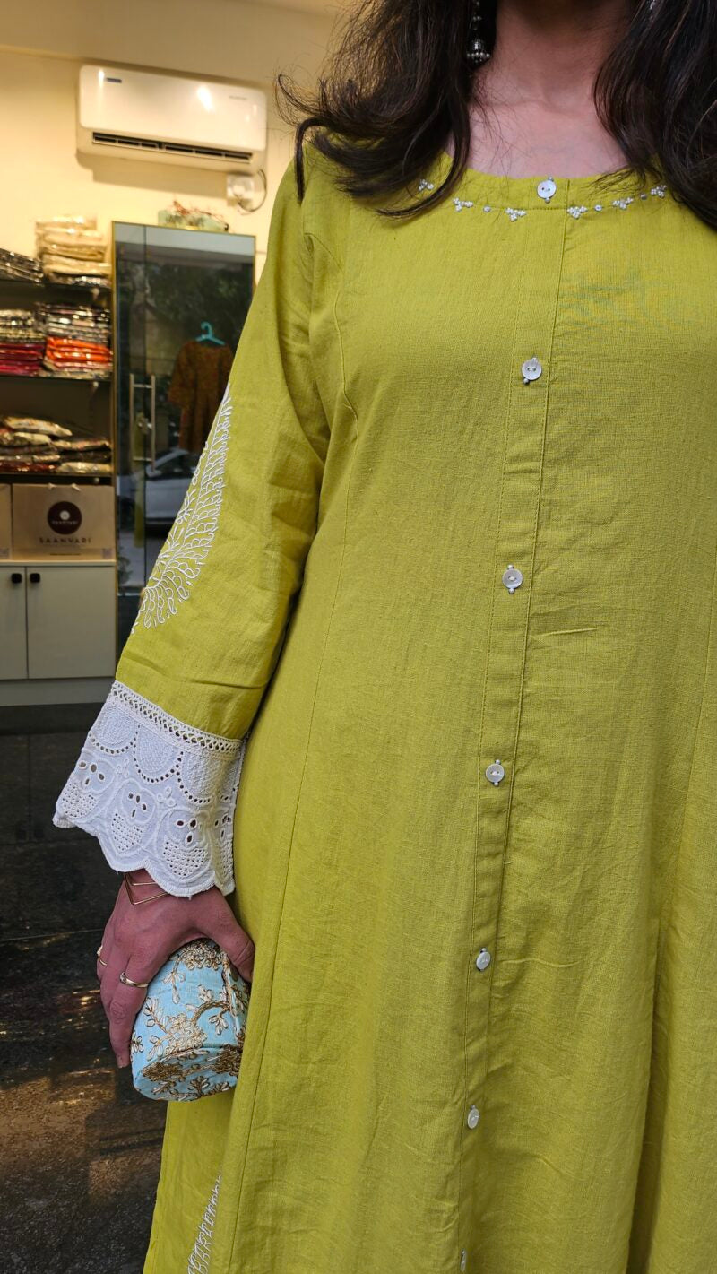 Lime Green Cotton Coord Set with White Embroidery & Lace Detailing