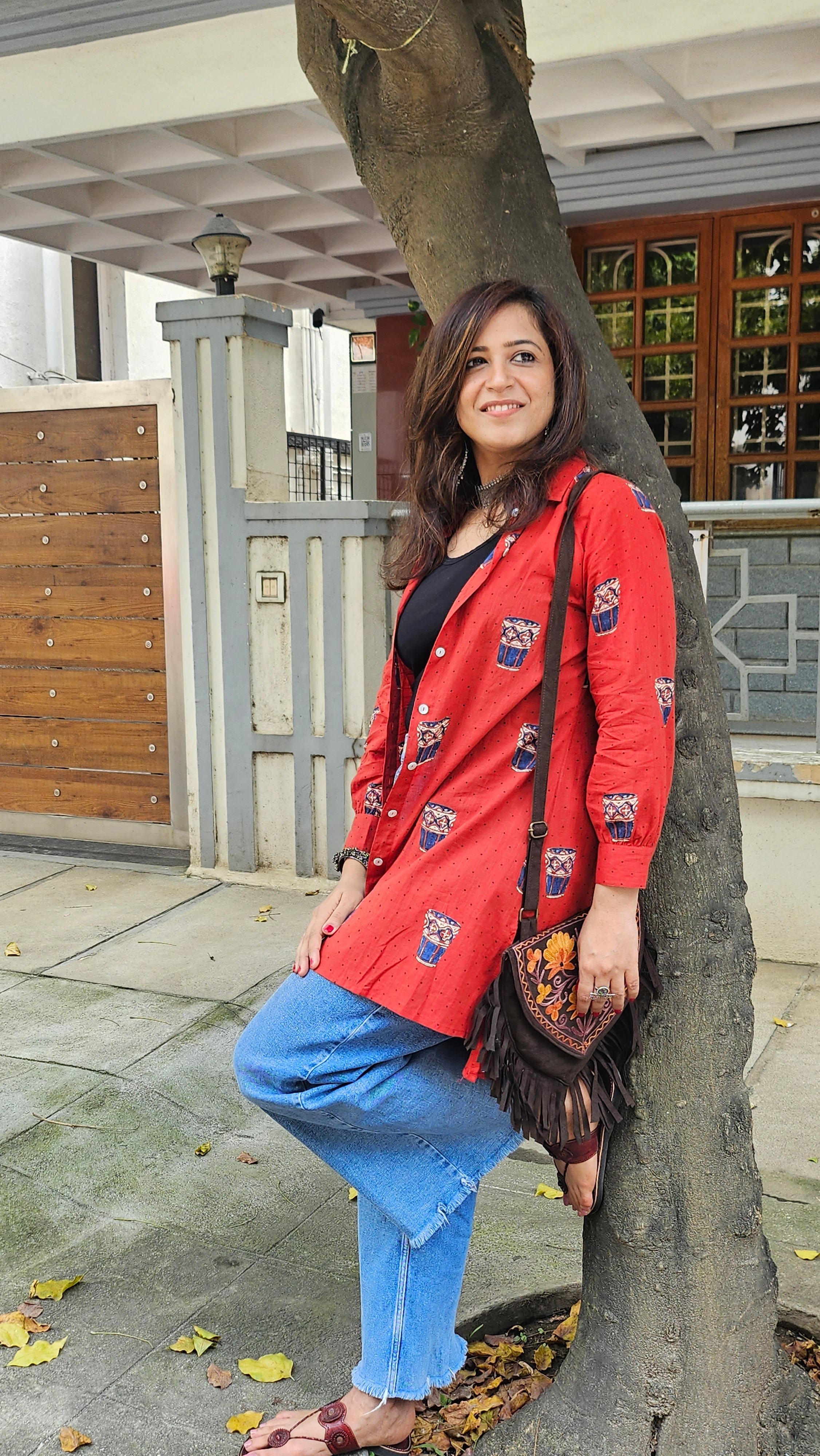 Rust Color Shirt with Tea Cup Print