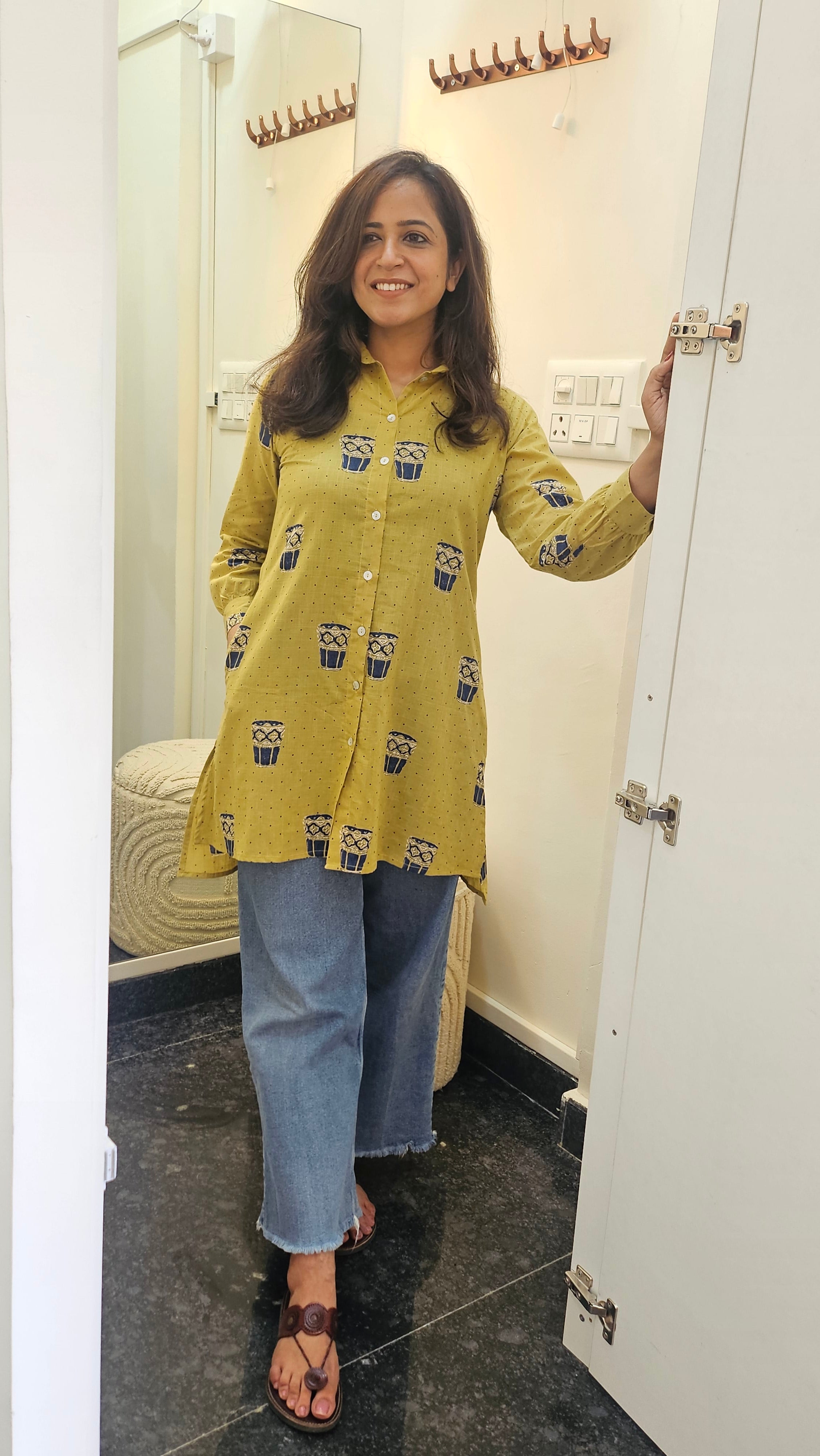Tea Cup Printed Mustard Yellow Cotton Shirt