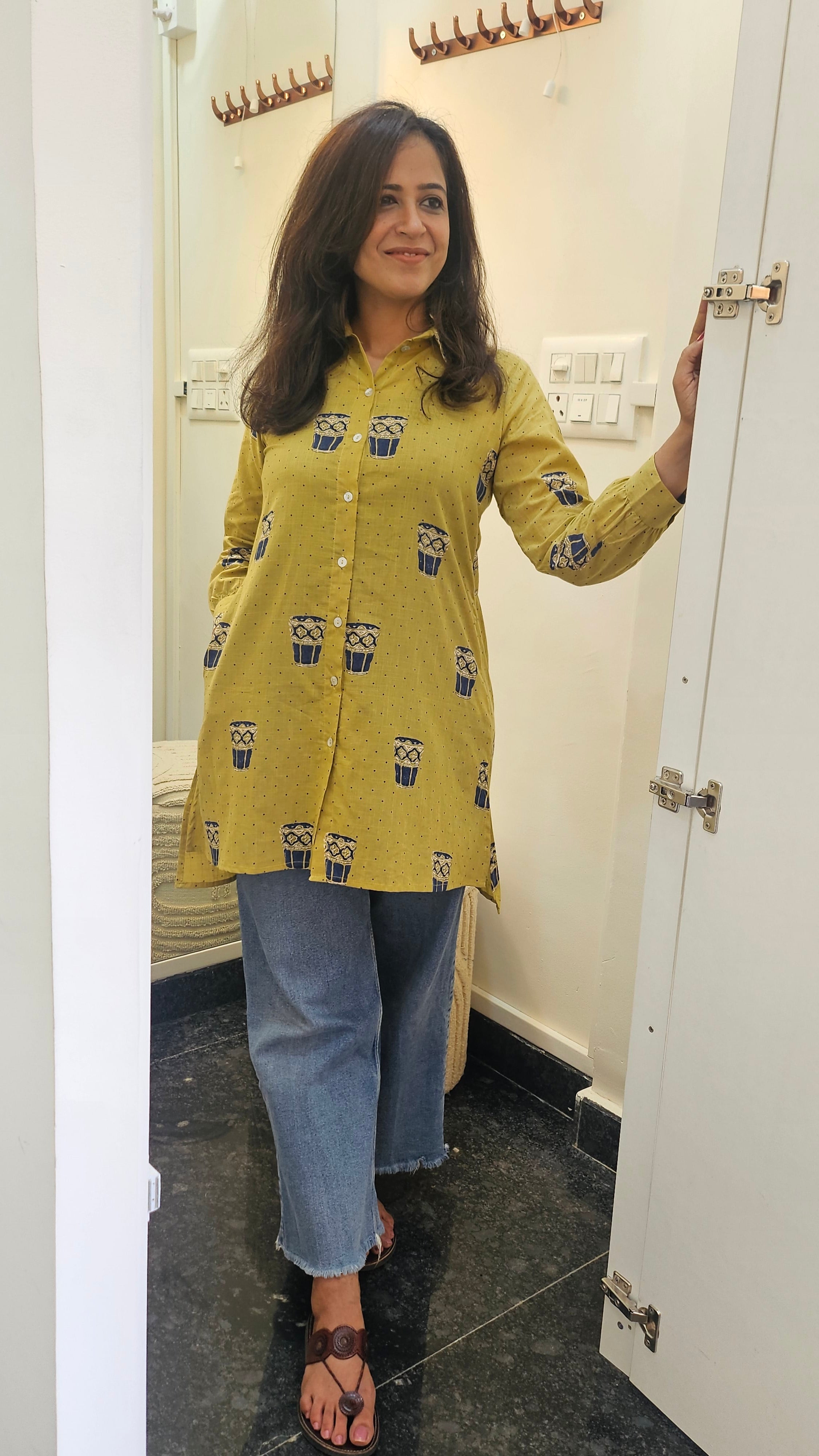 Tea Cup Printed Mustard Yellow Cotton Shirt