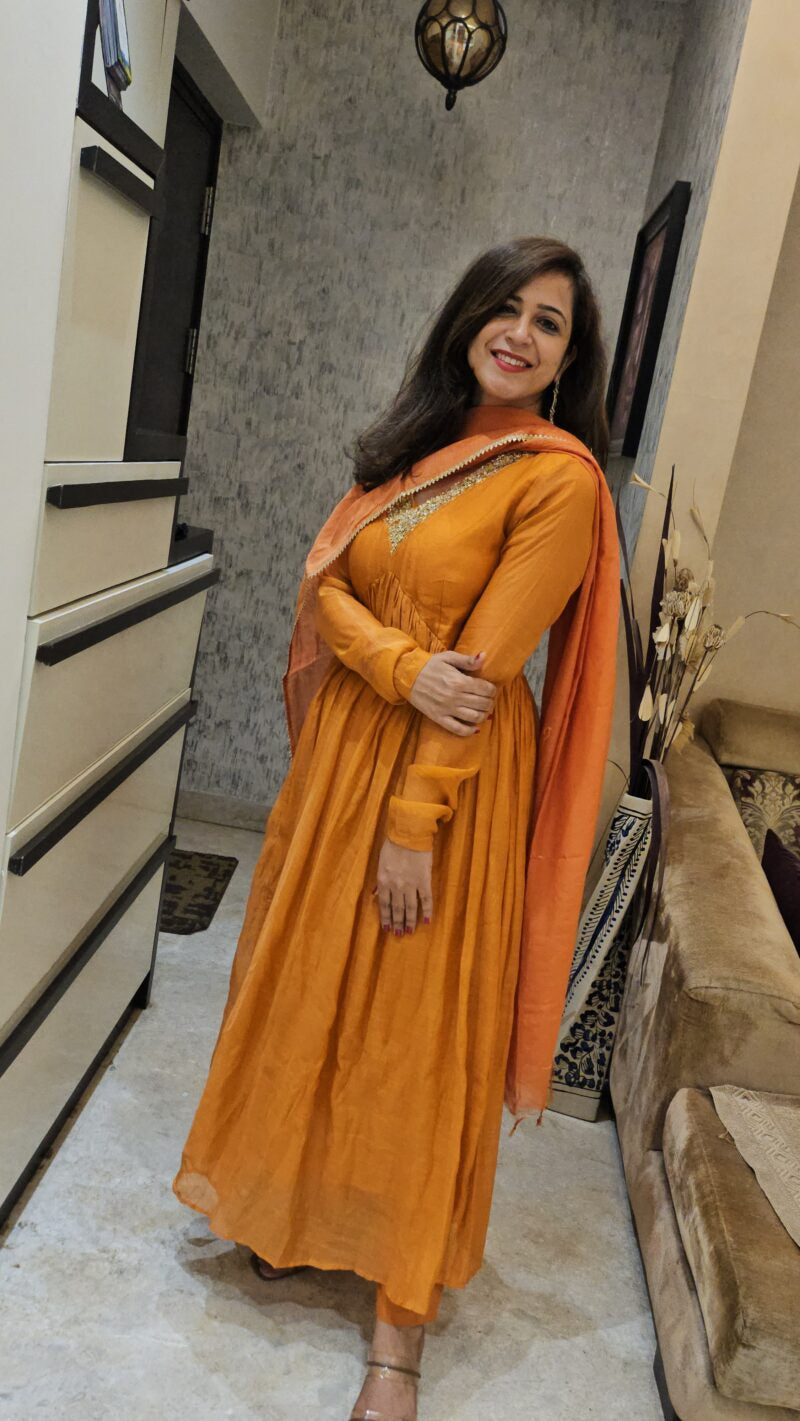 Orange Anarkali Dupatta Suit with Full Churidar Sleeves