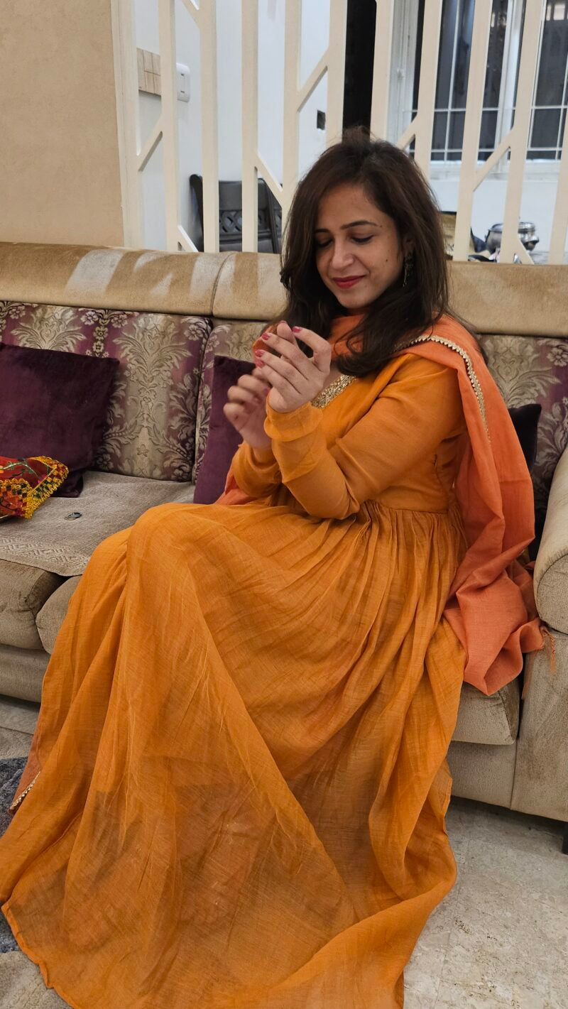 Orange Anarkali Dupatta Suit with Full Churidar Sleeves