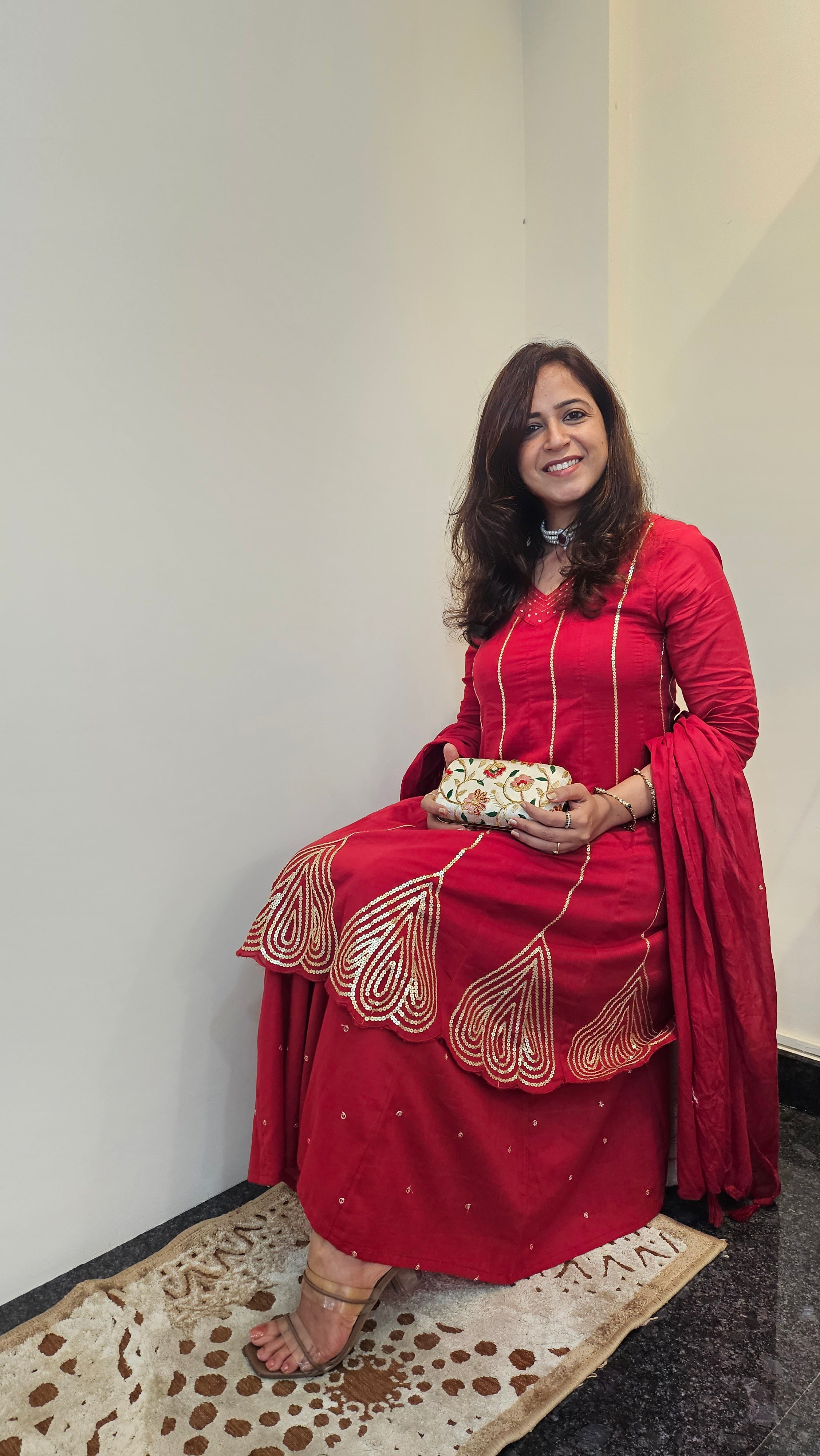 Red Blush Cotton Sharara Suit Set with Dupatta
