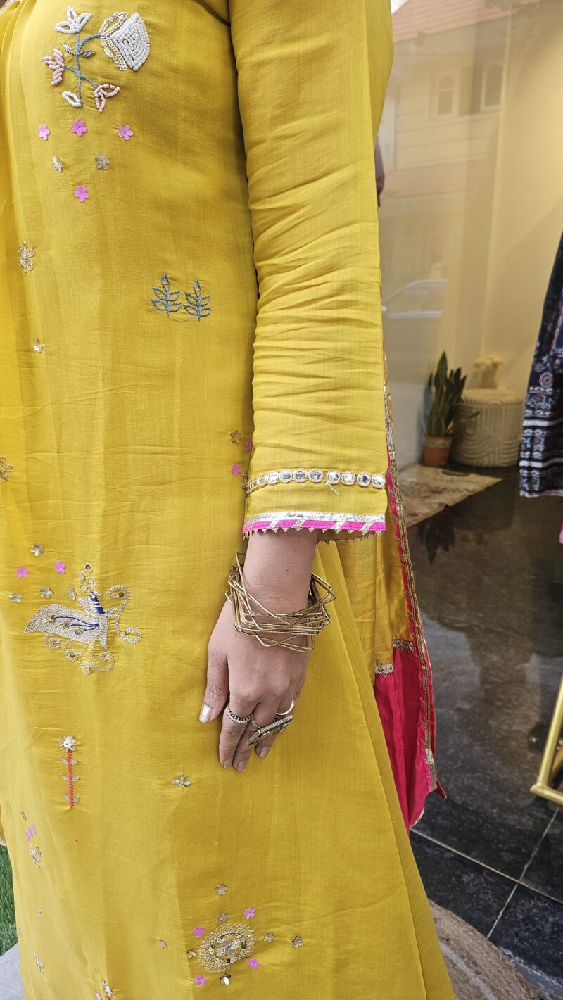 Handcrafted Yellow Mul Chanderi Suit Set with Dupatta
