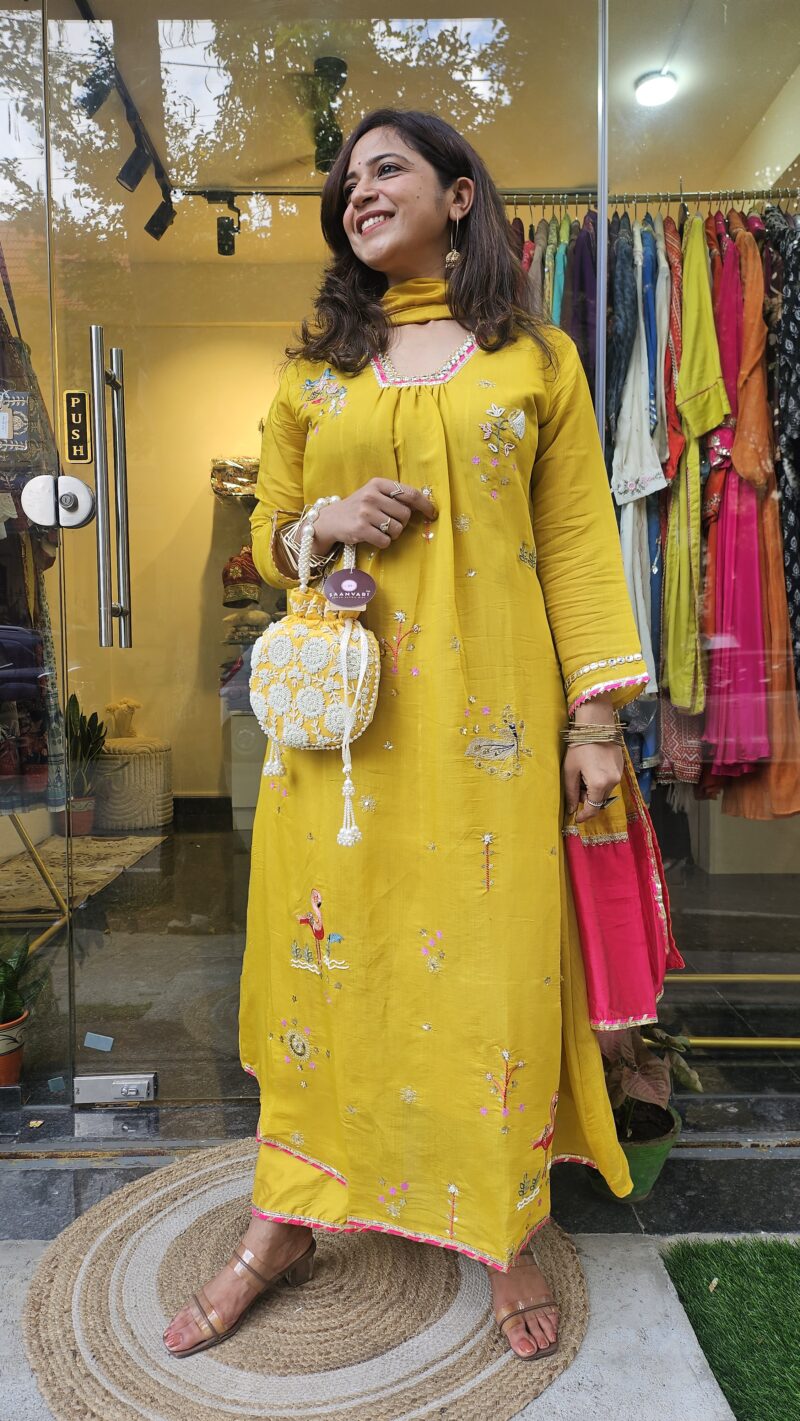 Handcrafted Yellow Mul Chanderi Suit Set with Dupatta