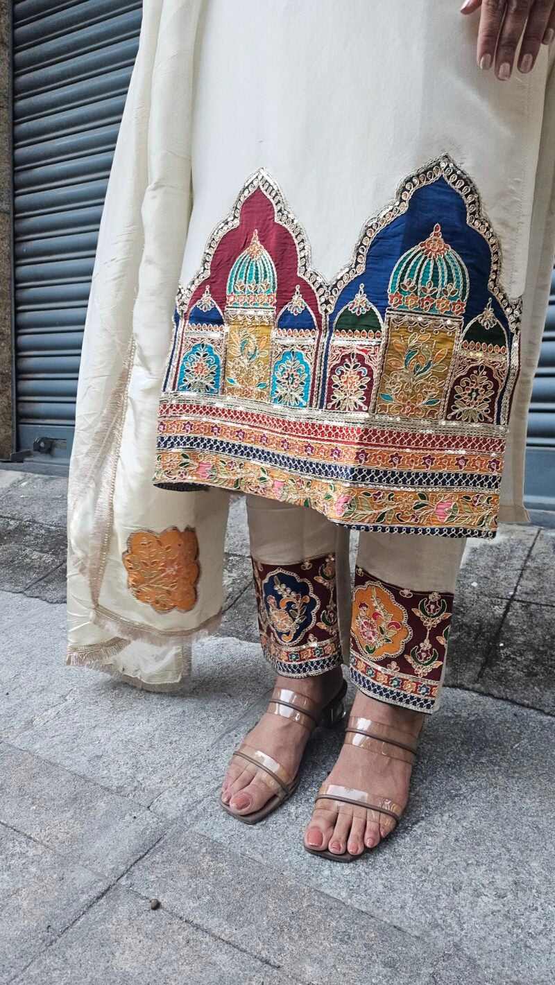 Silk Dupatta Suit Set with Mughal Motif Embroidery