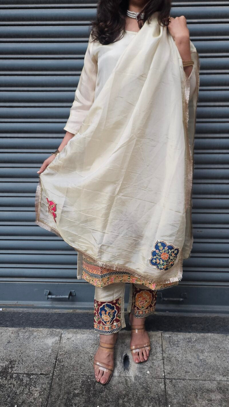 Silk Dupatta Suit Set with Mughal Motif Embroidery
