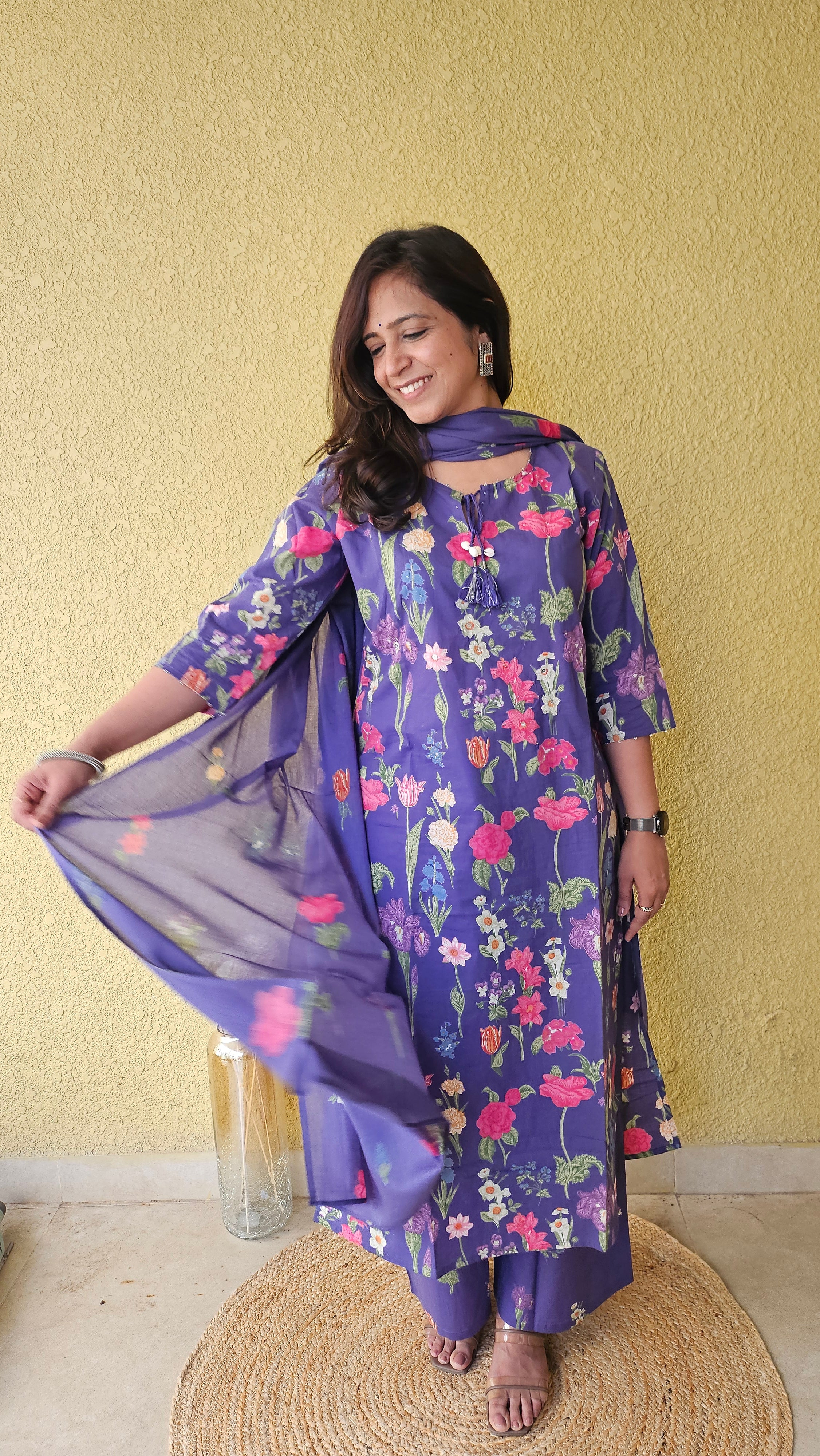 Purple Mul Cotton Dupatta Suit