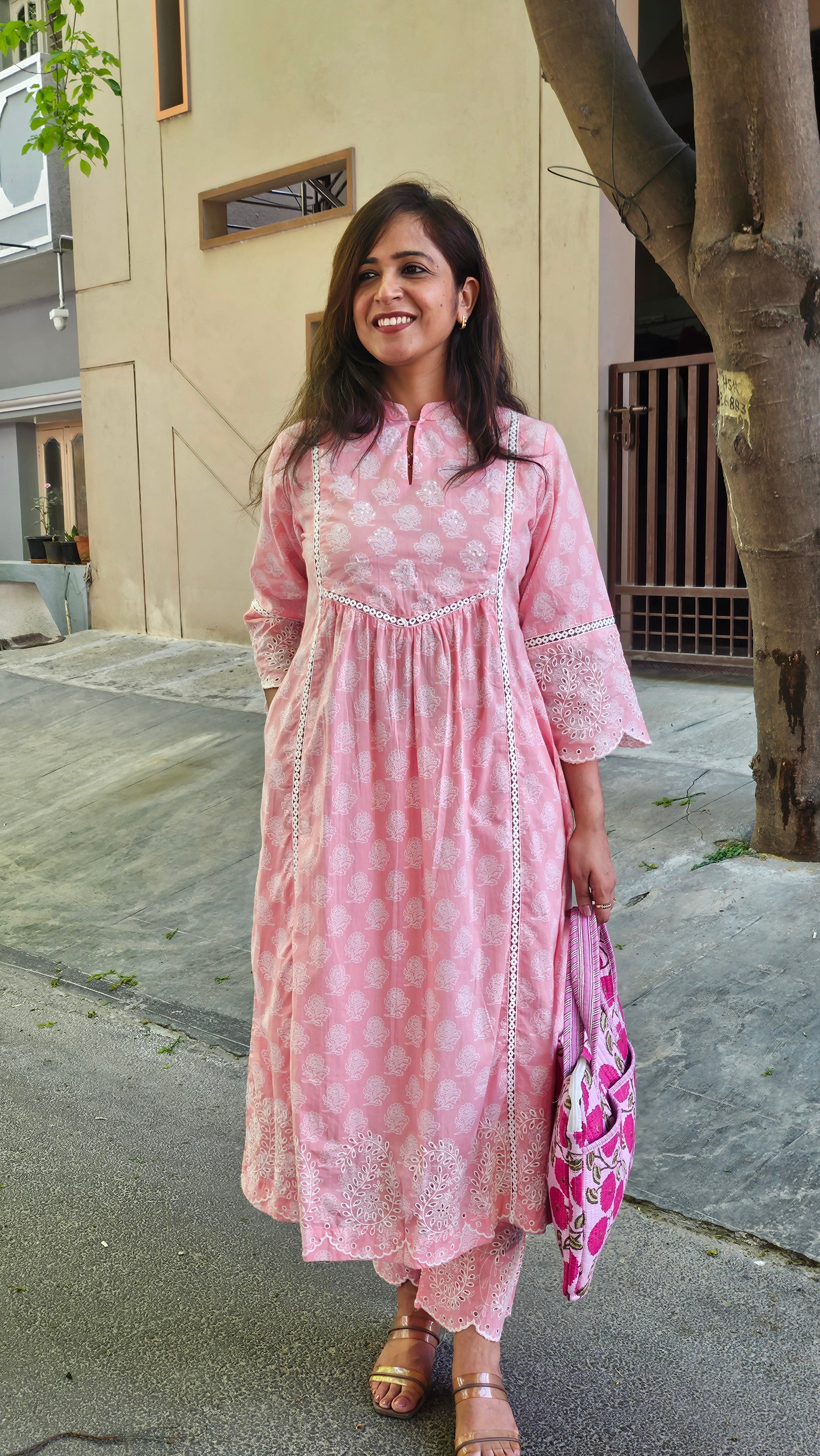 Blush Pink Cotton Kurta Pant (Coord Set) With Lace Detailing