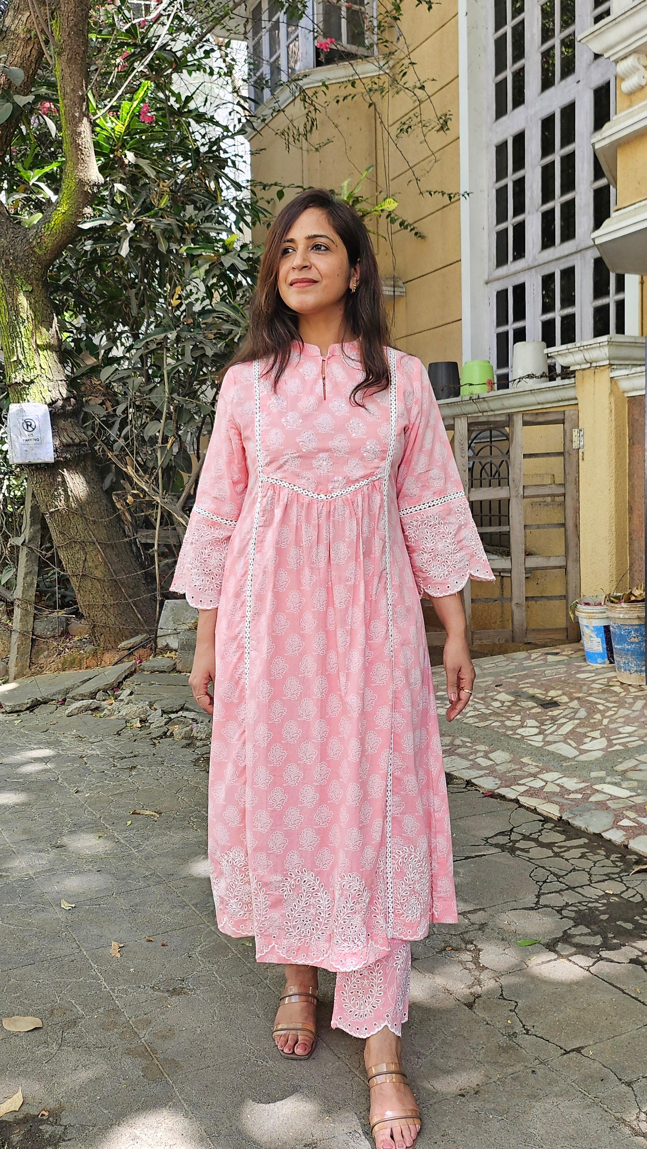 Blush Pink Cotton Kurta Pant (Coord Set) With Lace Detailing