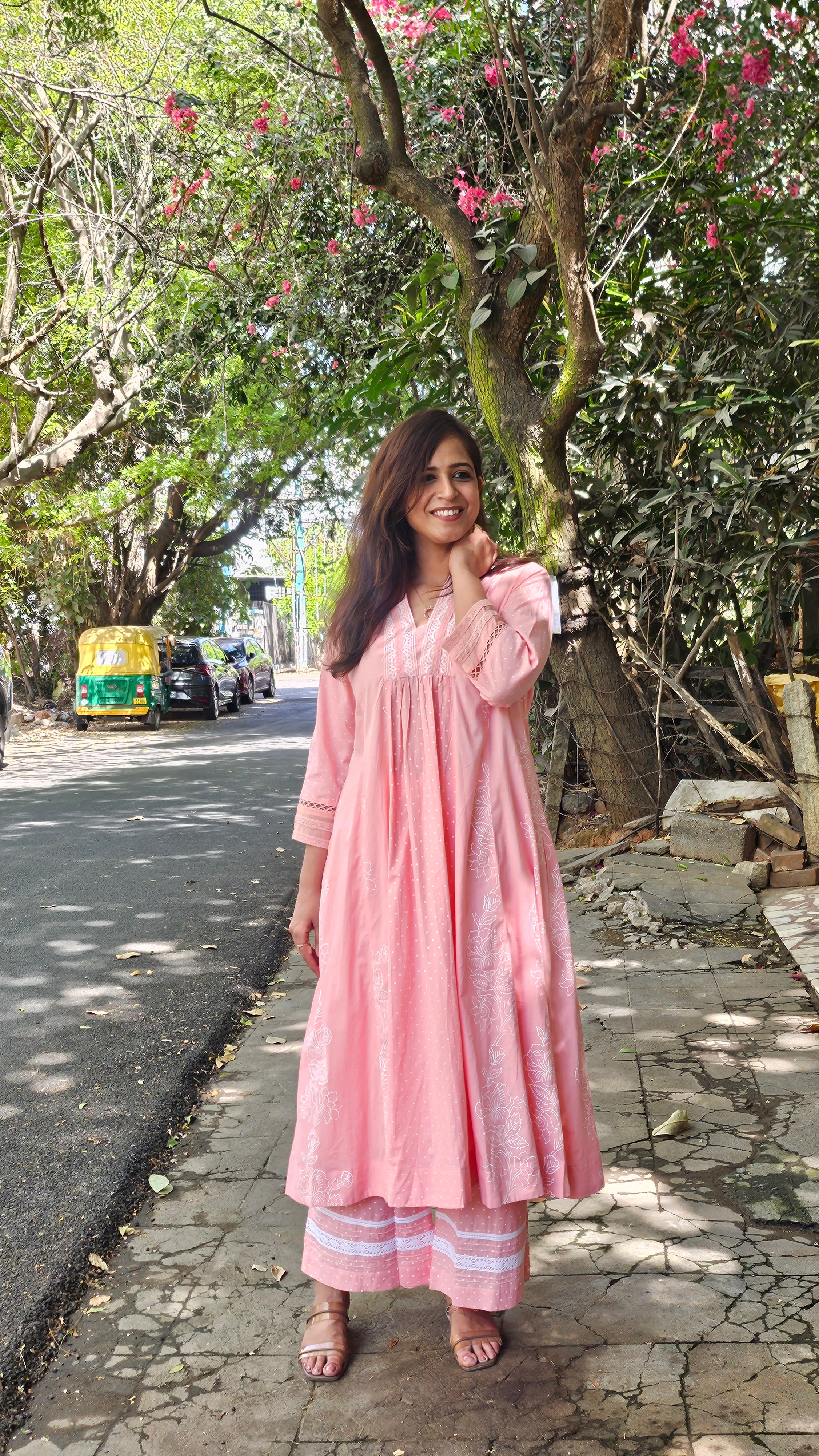 Pink Cotton Kurta–Pant Set with Delicate Lace Detailing – Jaipur Collection