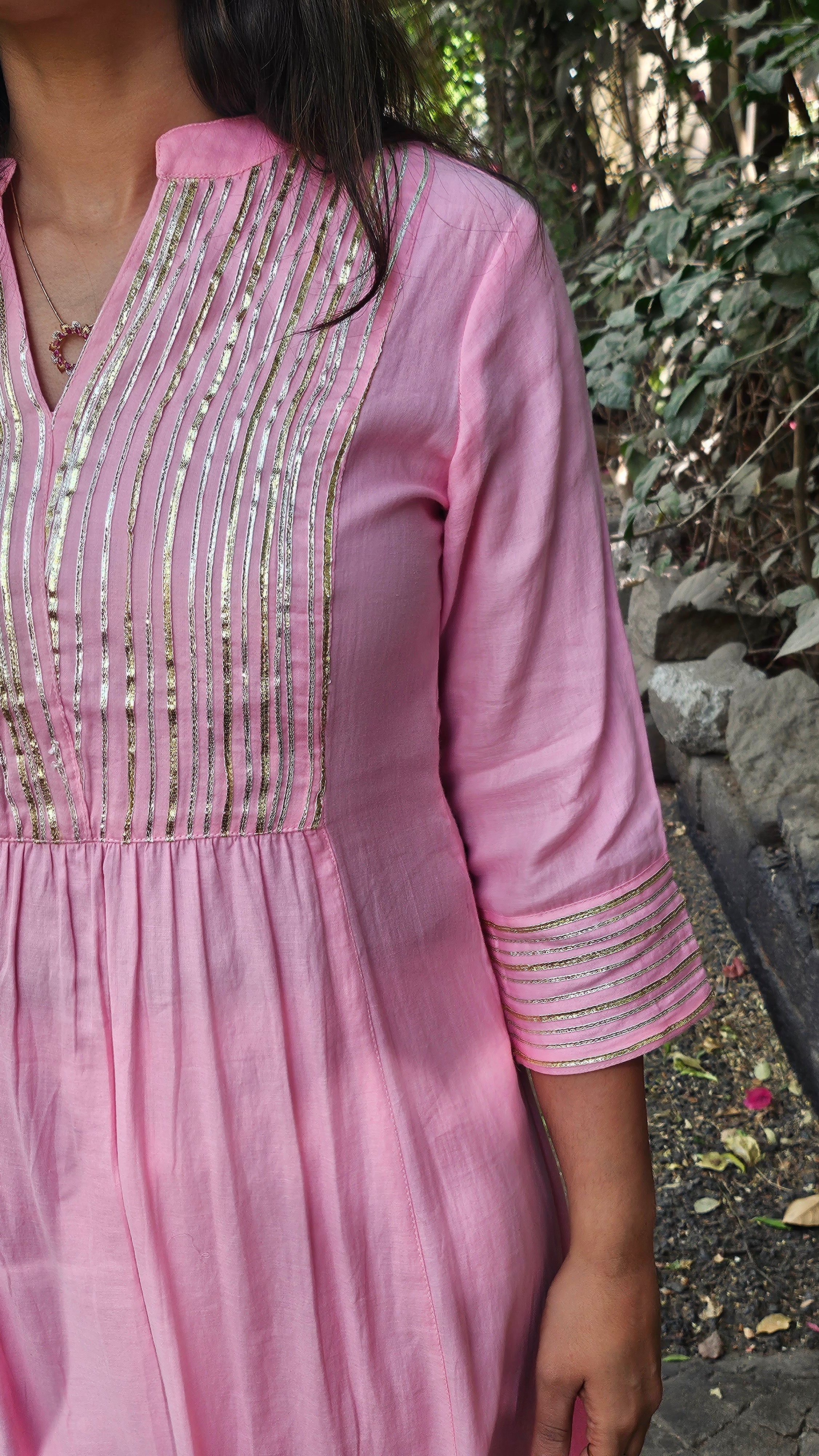 Pink Cotton Kurta–Pant Set with Gotta Work