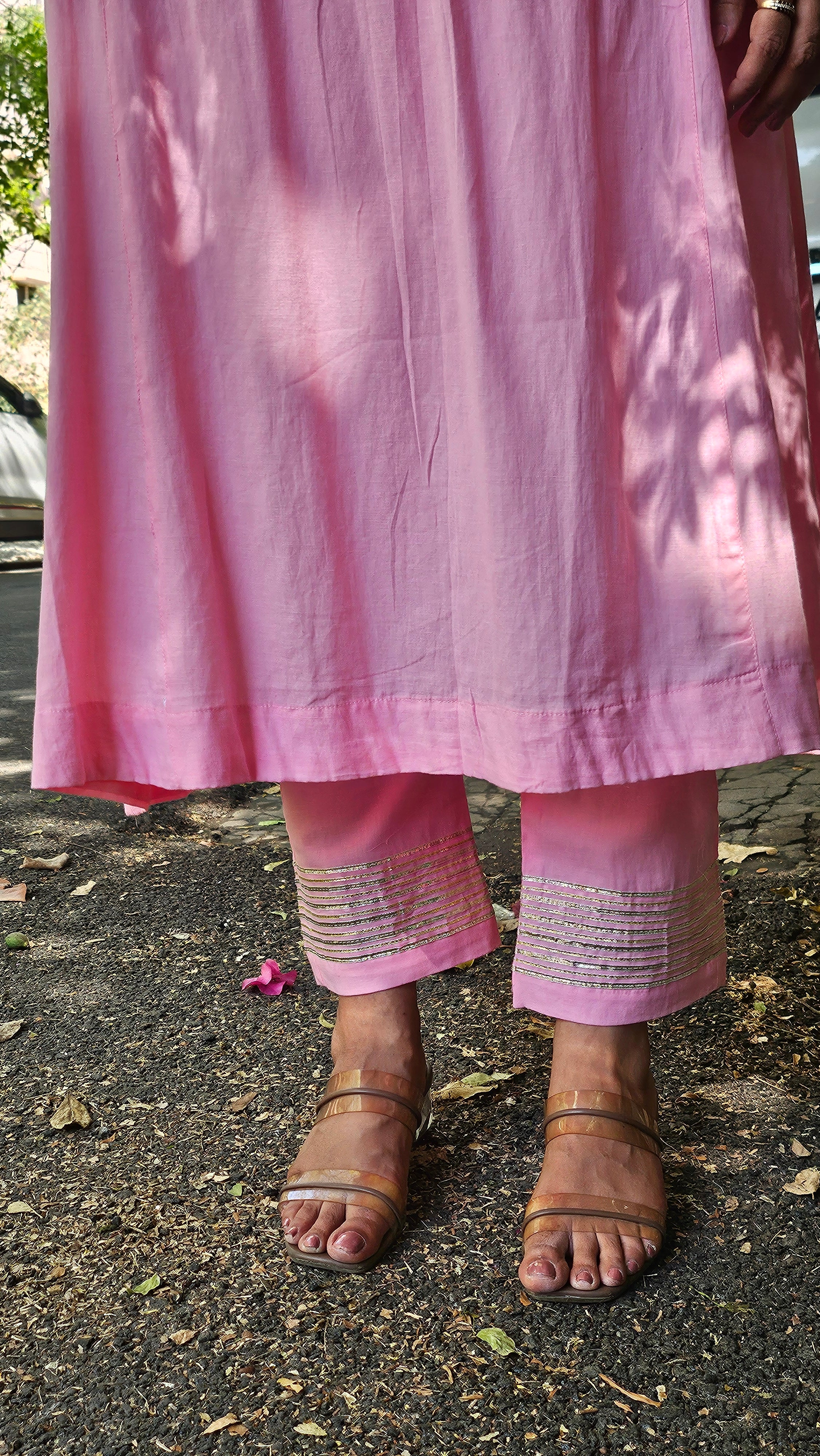 Pink Cotton Kurta–Pant Set with Gotta Work