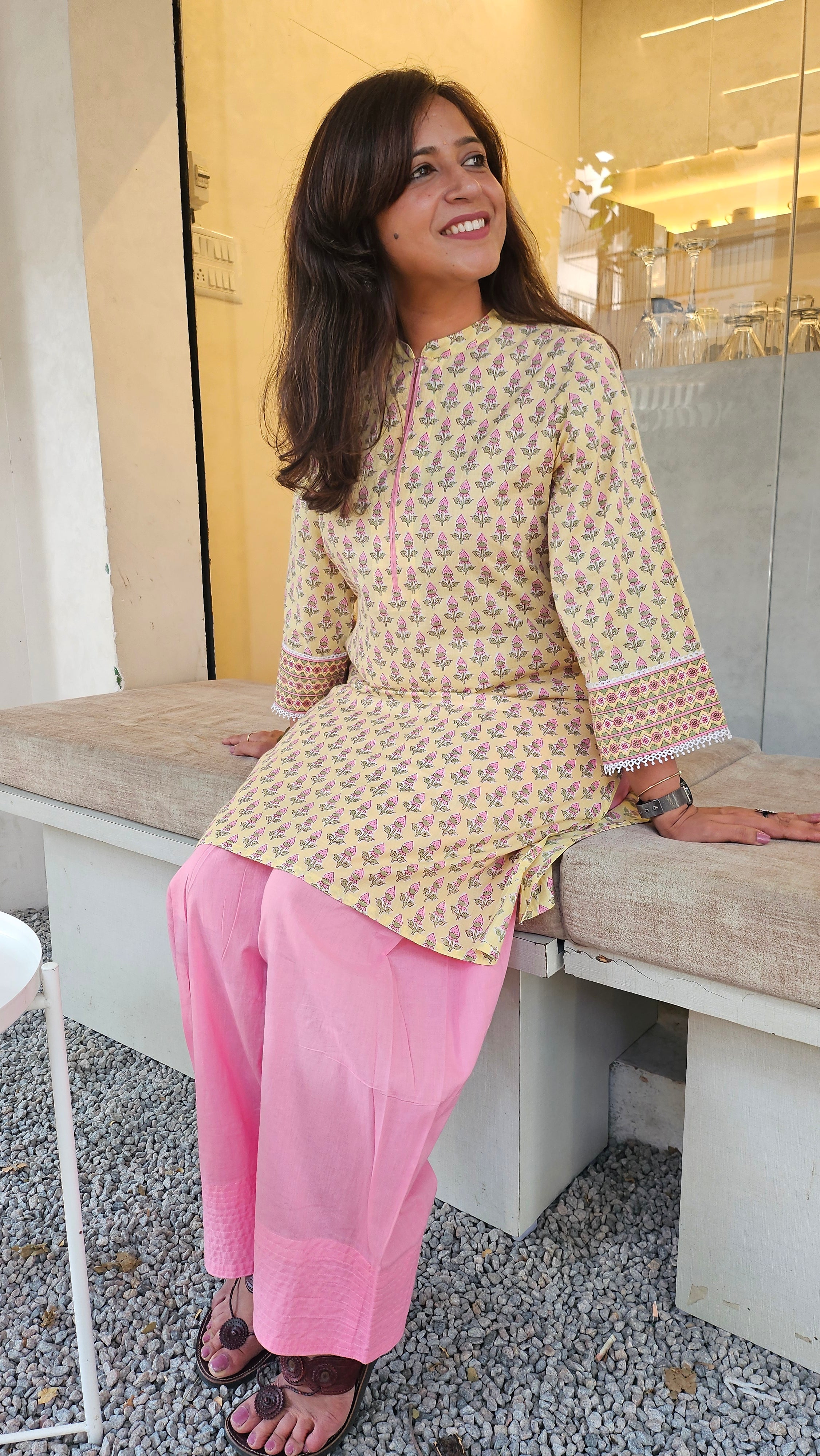 Casual Cotton Kurta Set for Women – Yellow Print with Pink Farshi Salwar