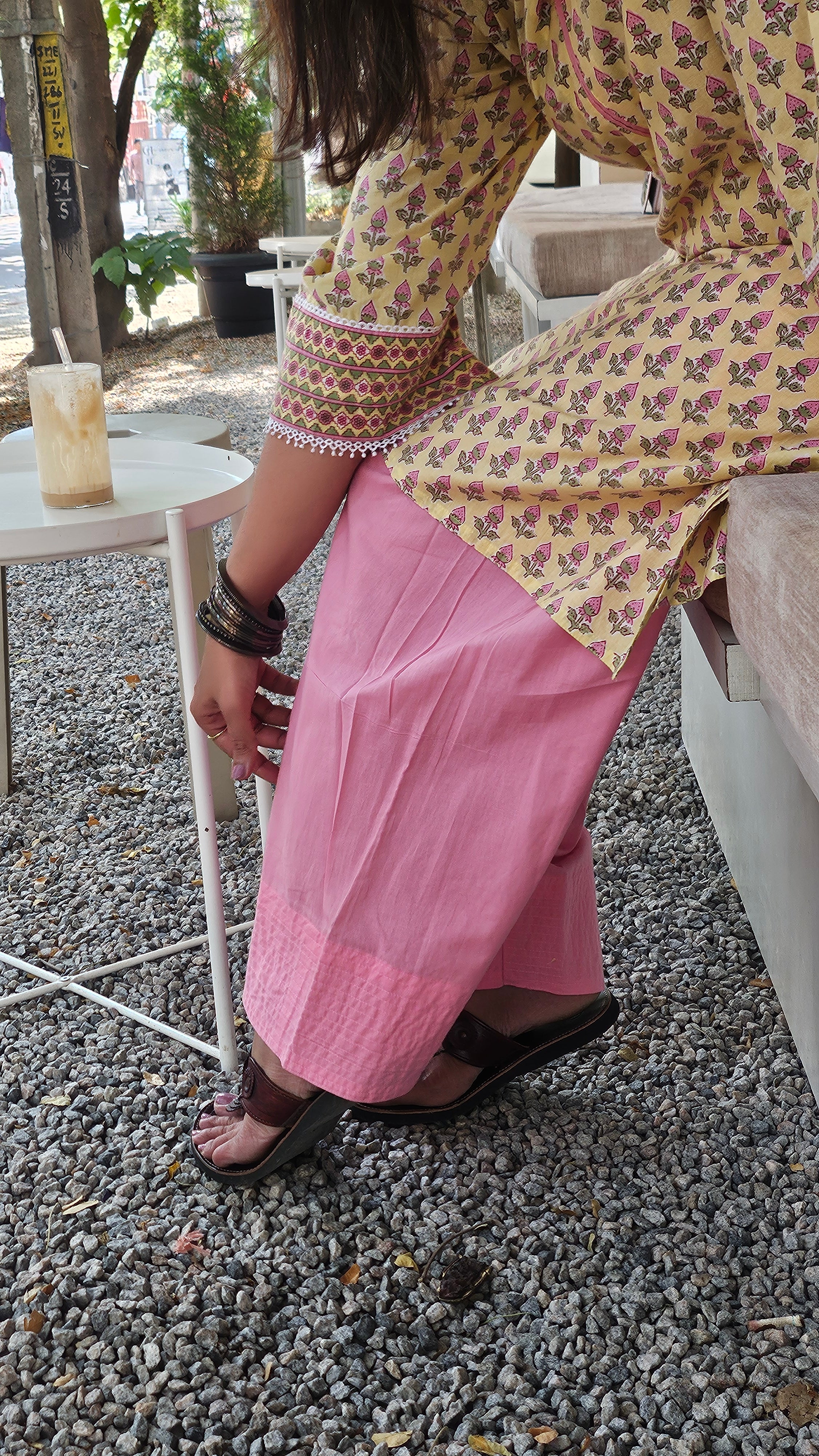 Casual Cotton Kurta Set for Women – Yellow Print with Pink Farshi Salwar