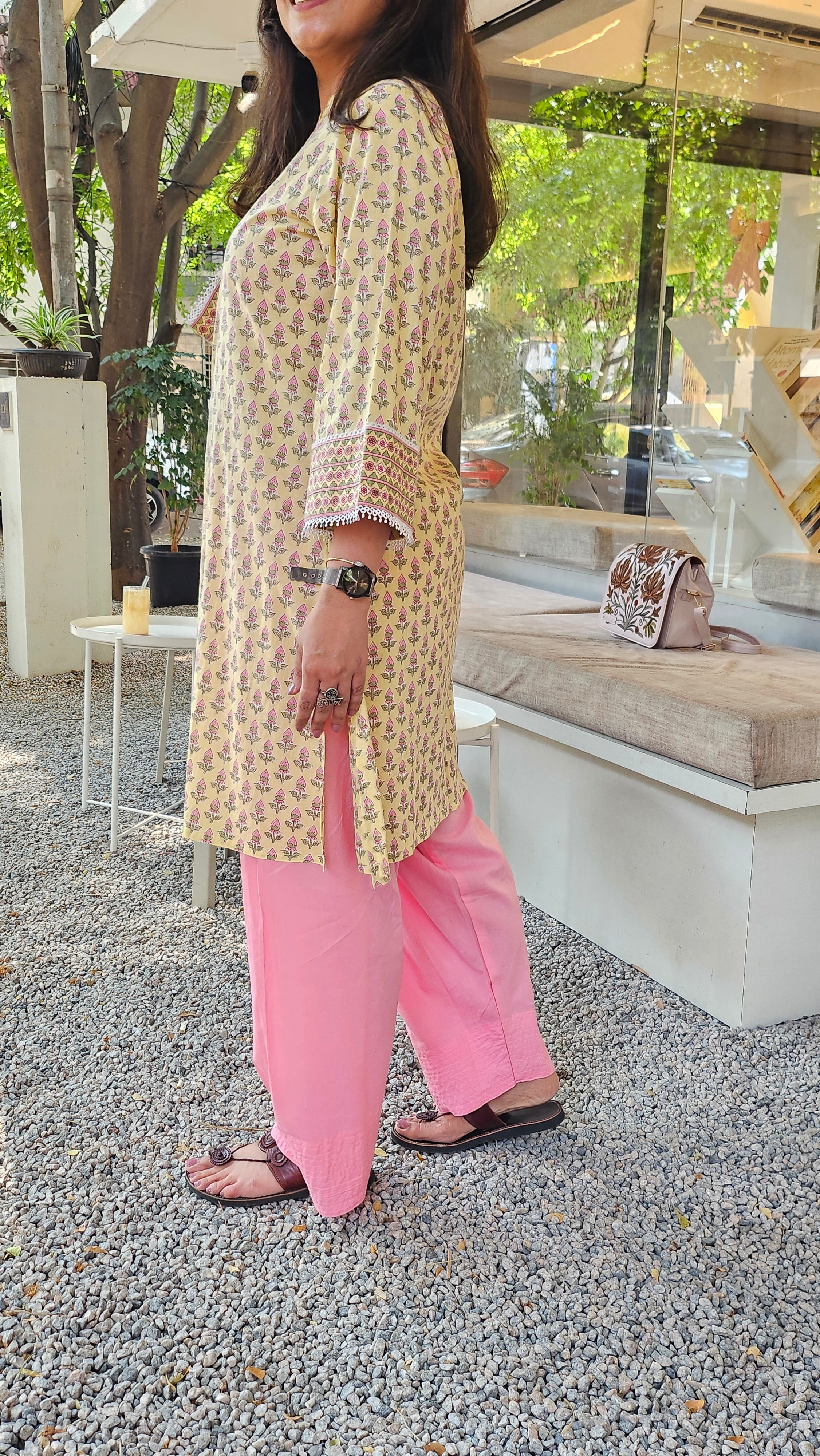 Casual Cotton Kurta Set for Women – Yellow Print with Pink Farshi Salwar
