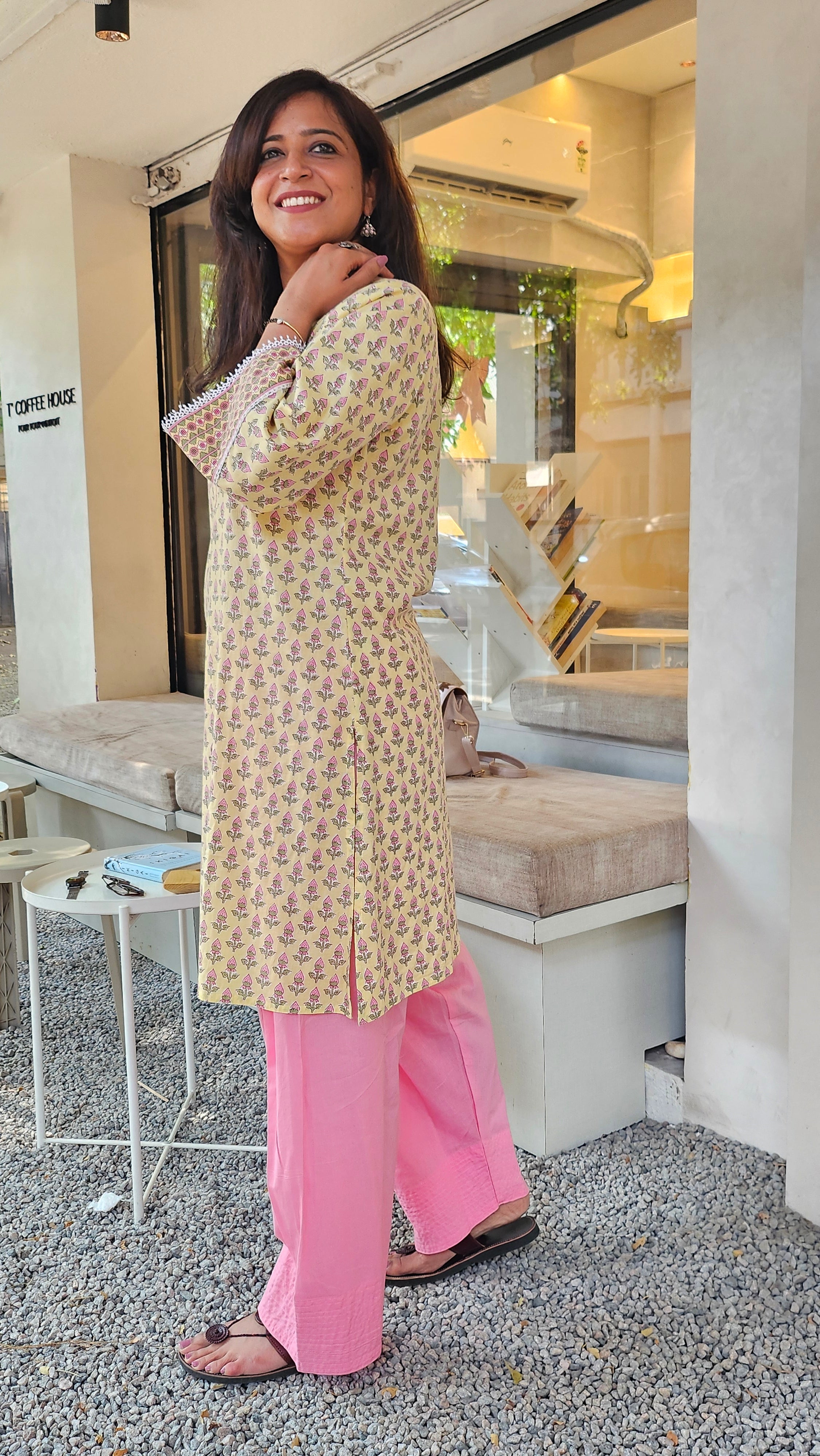 Casual Cotton Kurta Set for Women – Yellow Print with Pink Farshi Salwar