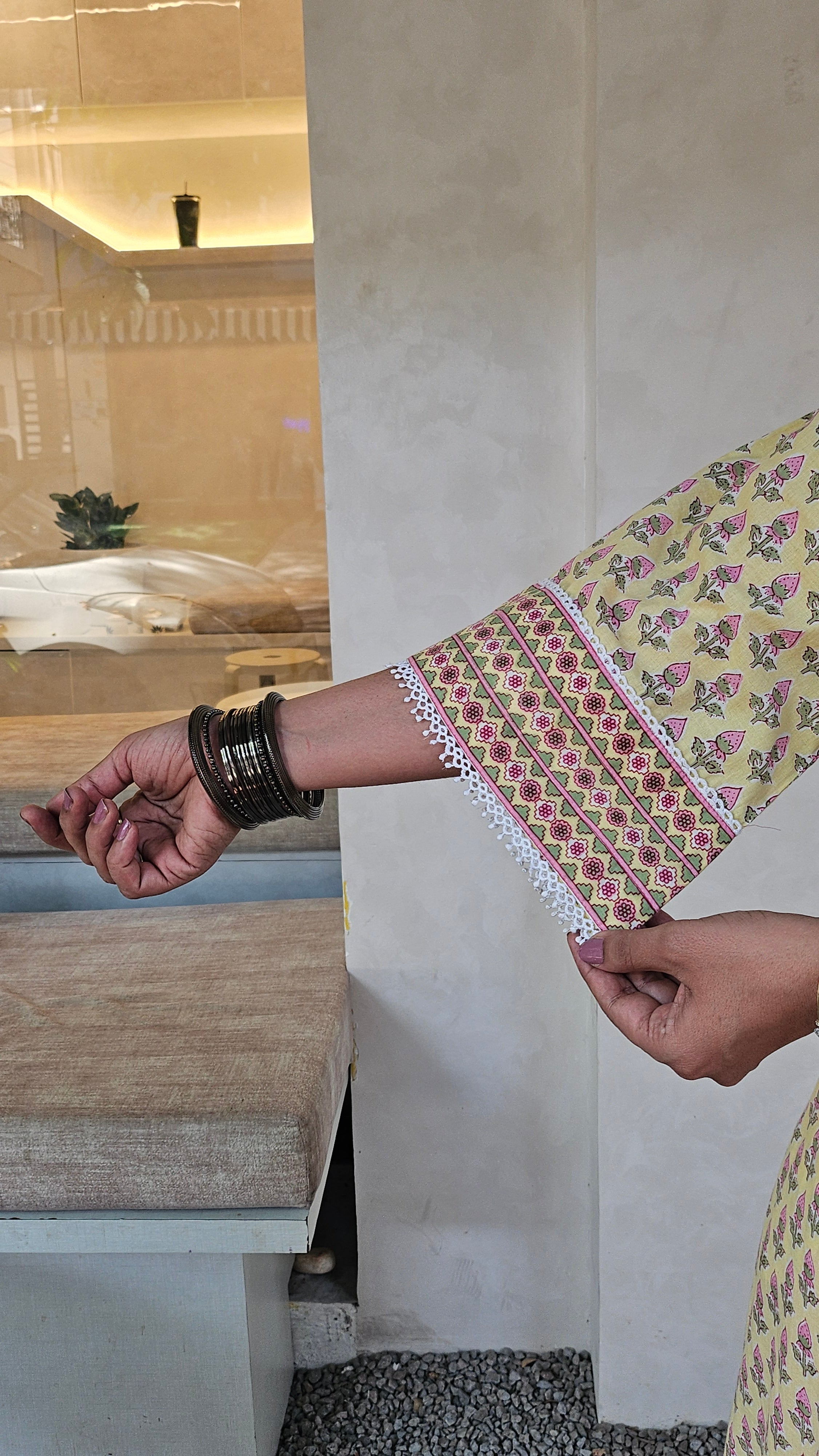 Casual Cotton Kurta Set for Women – Yellow Print with Pink Farshi Salwar