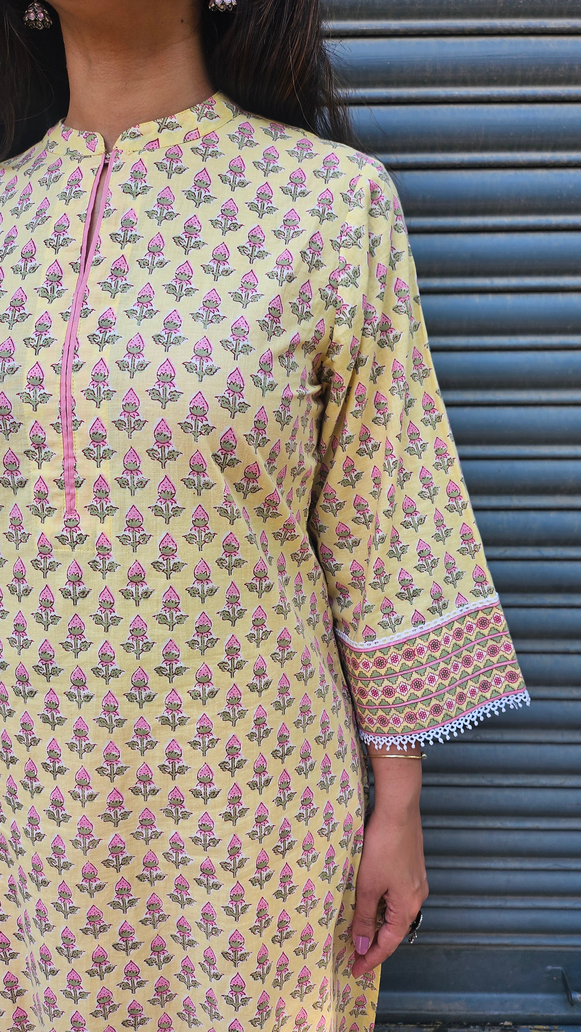 Casual Cotton Kurta Set for Women – Yellow Print with Pink Farshi Salwar