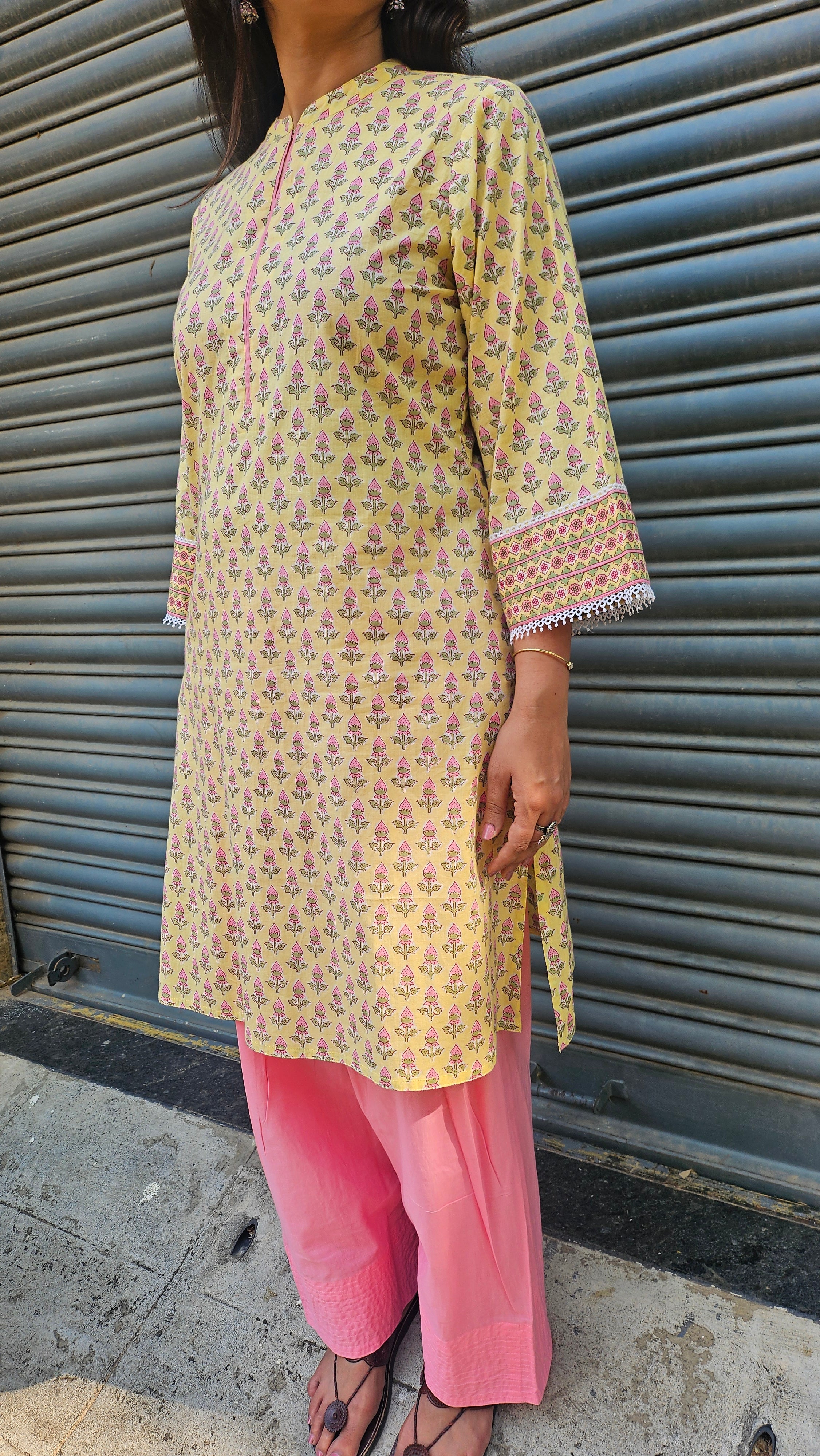Casual Cotton Kurta Set for Women – Yellow Print with Pink Farshi Salwar