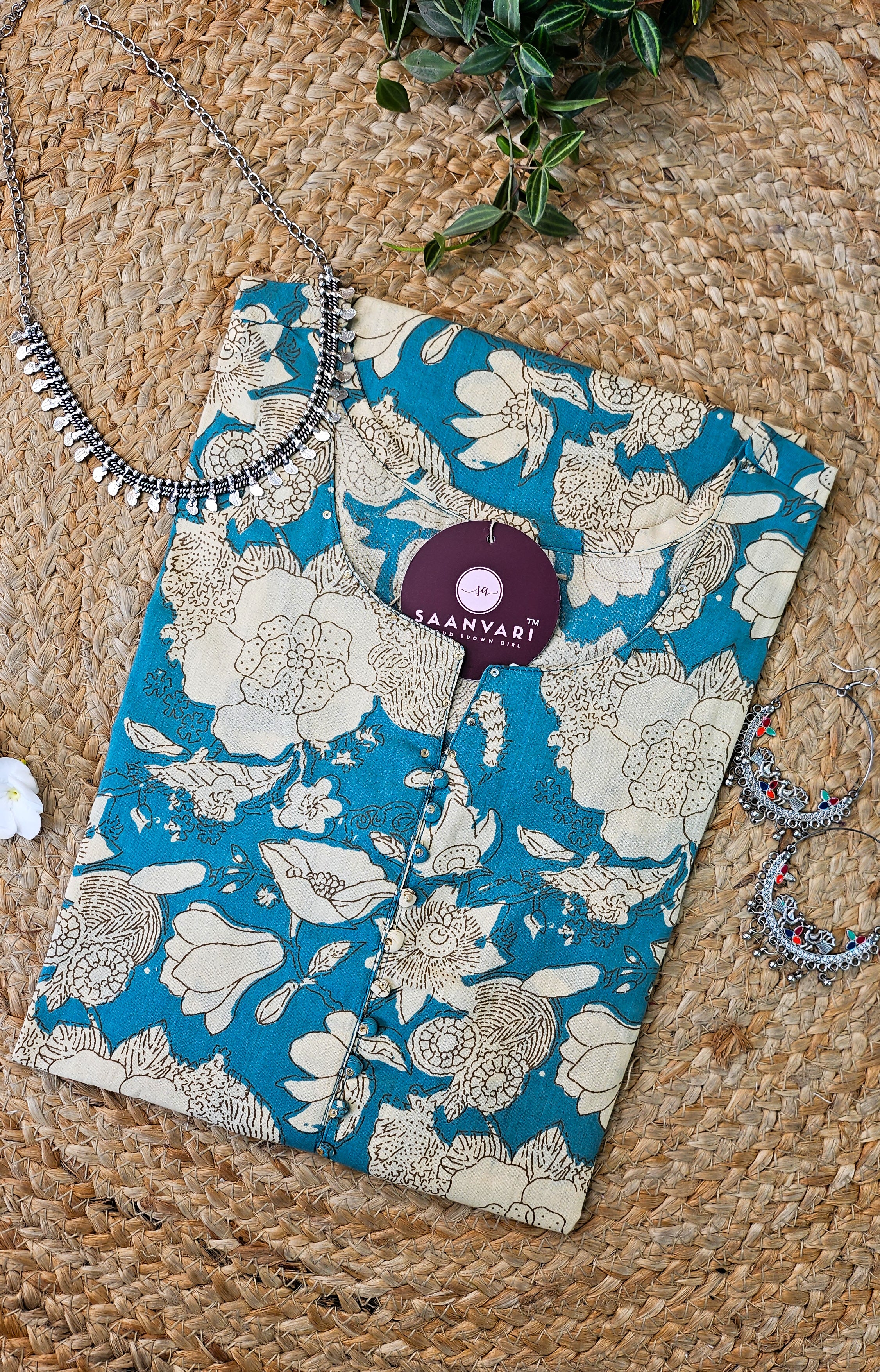 Turquoise Blue Floral Print Cotton Straight Kurta