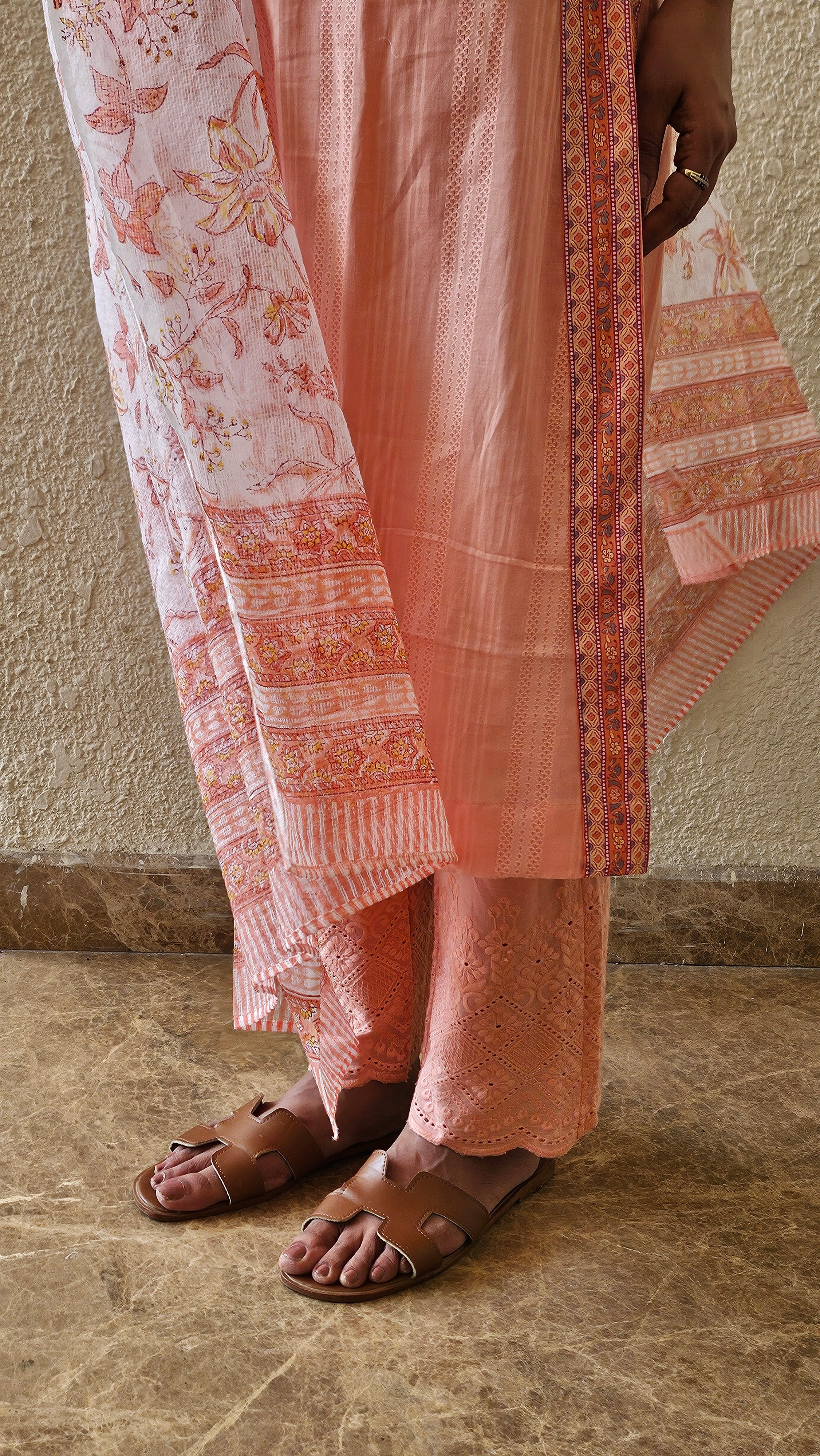 Peach Cotton Suit Set with Kota Doria Dupatta & Schiffli Pants