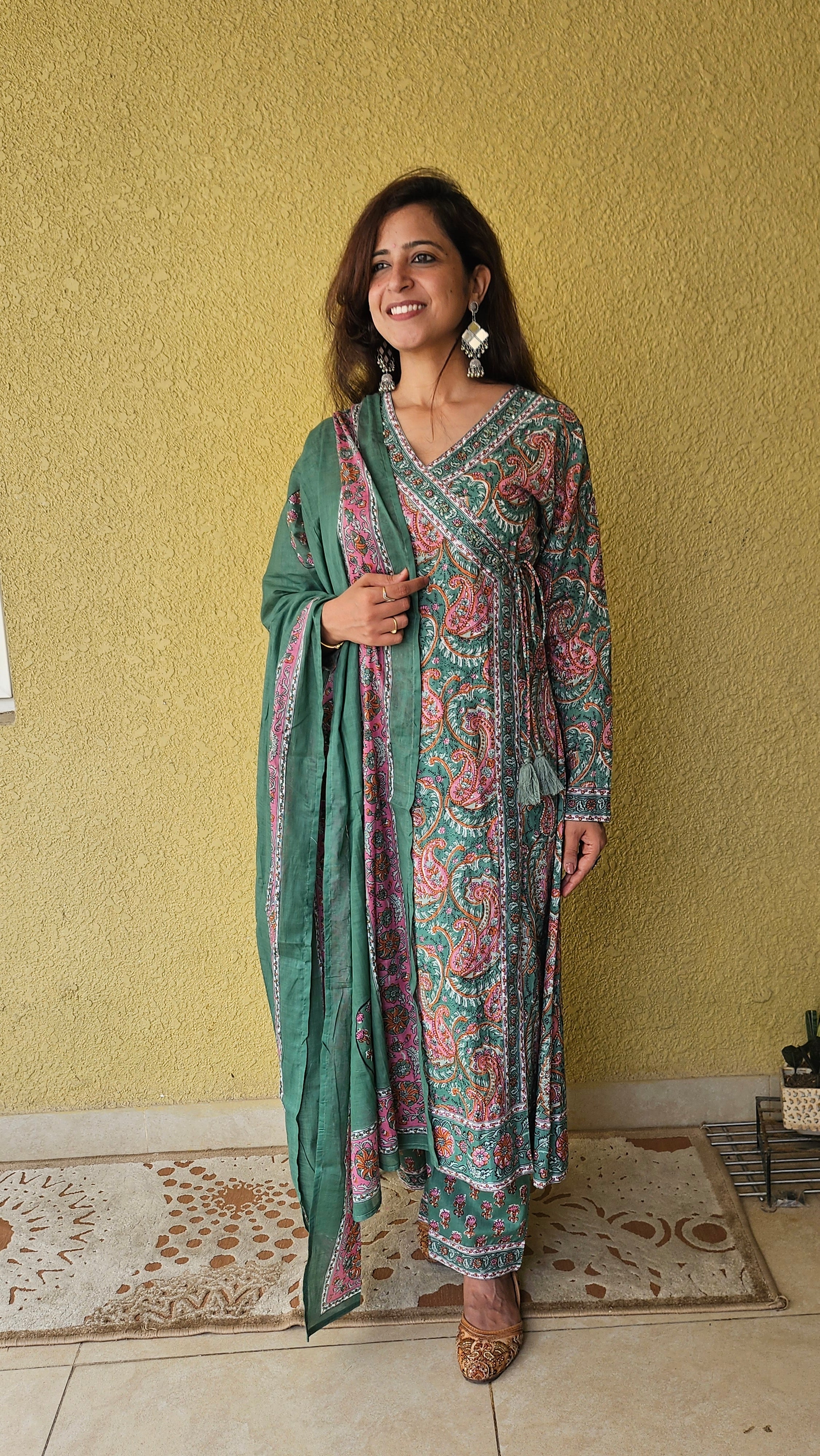 Angrakha Jaipuri Printed Cotton Suit ( Set of 3)