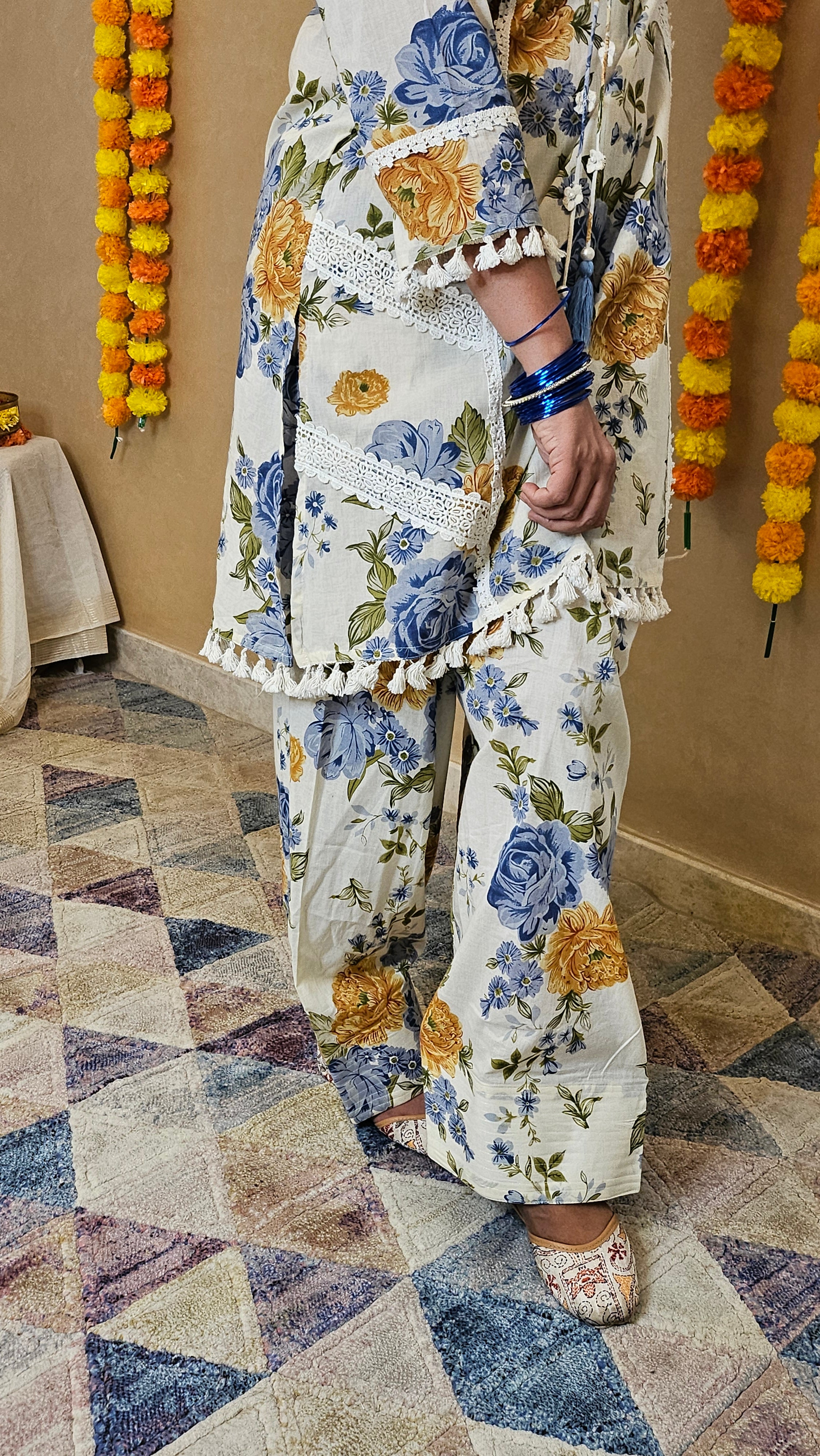 Floral Cotton Kurta & Farshi Salwar Set with Lace Detailing