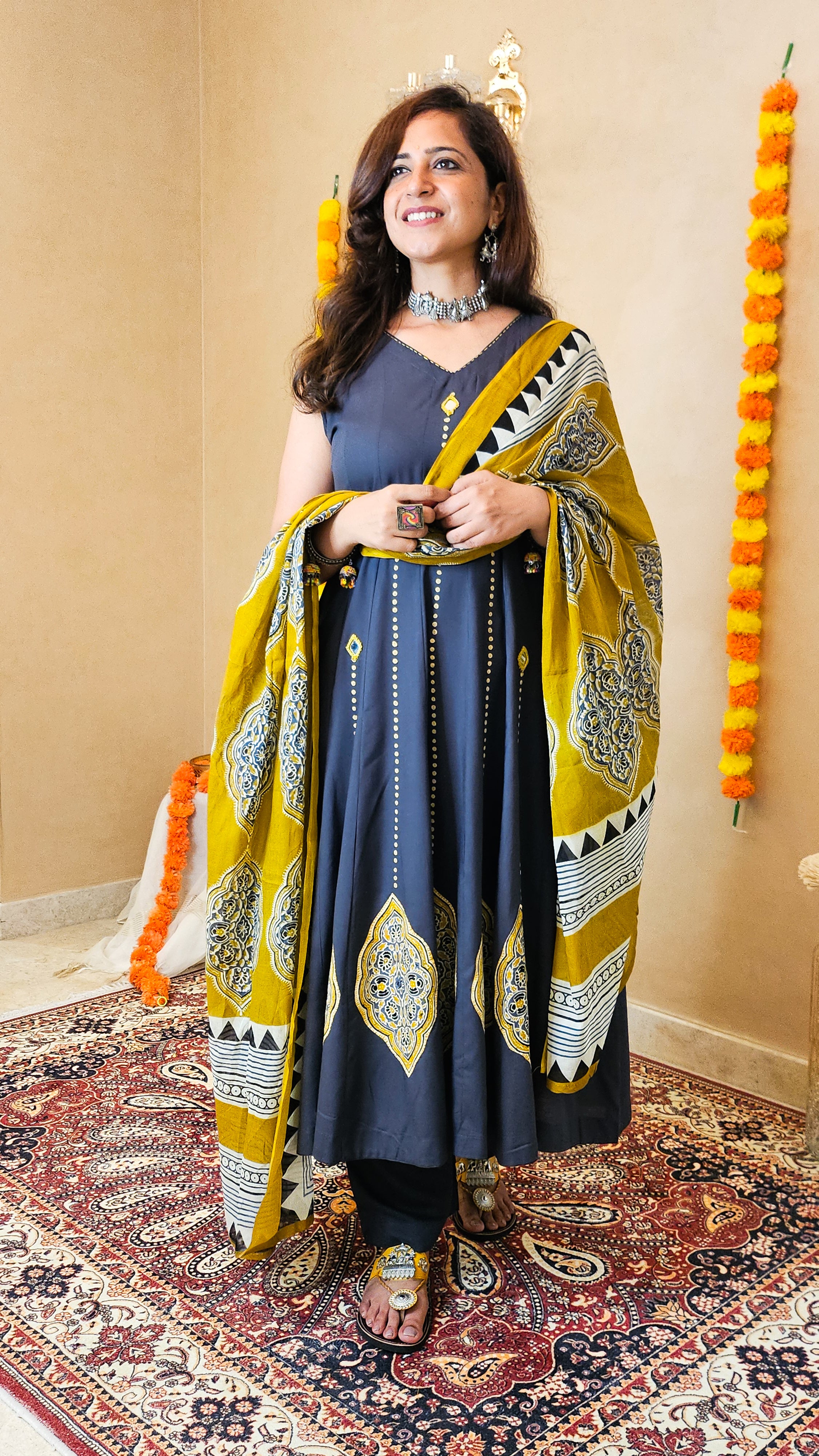 Charcoal Grey Cotton Suit Set with Contrast Cotton Dupatta | 3-Piece Set