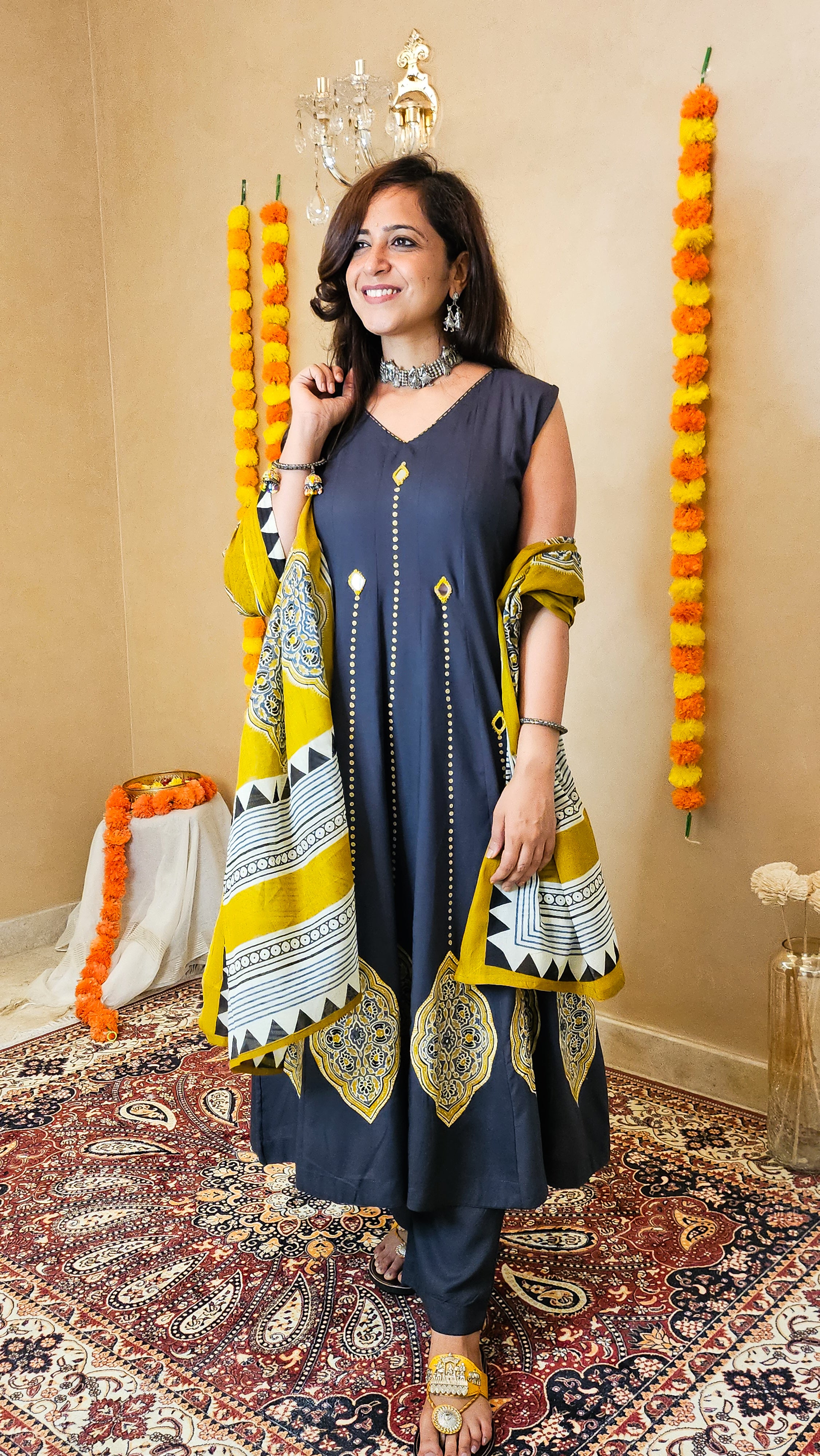 Charcoal Grey Cotton Suit Set with Contrast Cotton Dupatta | 3-Piece Set