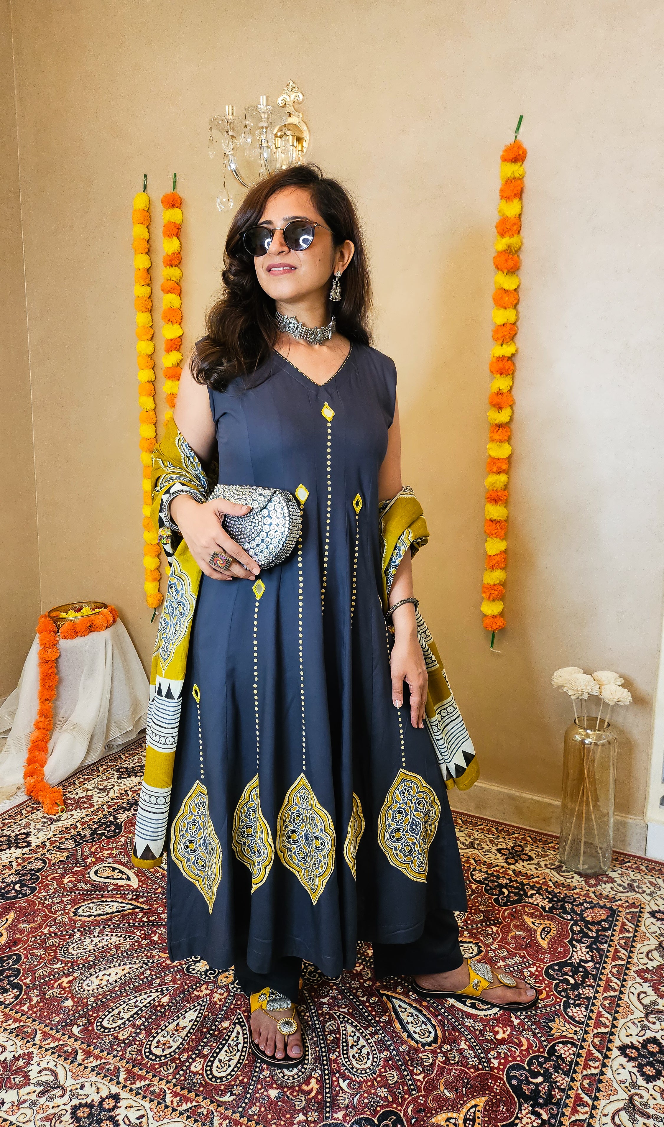 Charcoal Grey Cotton Suit Set with Contrast Cotton Dupatta | 3-Piece Set