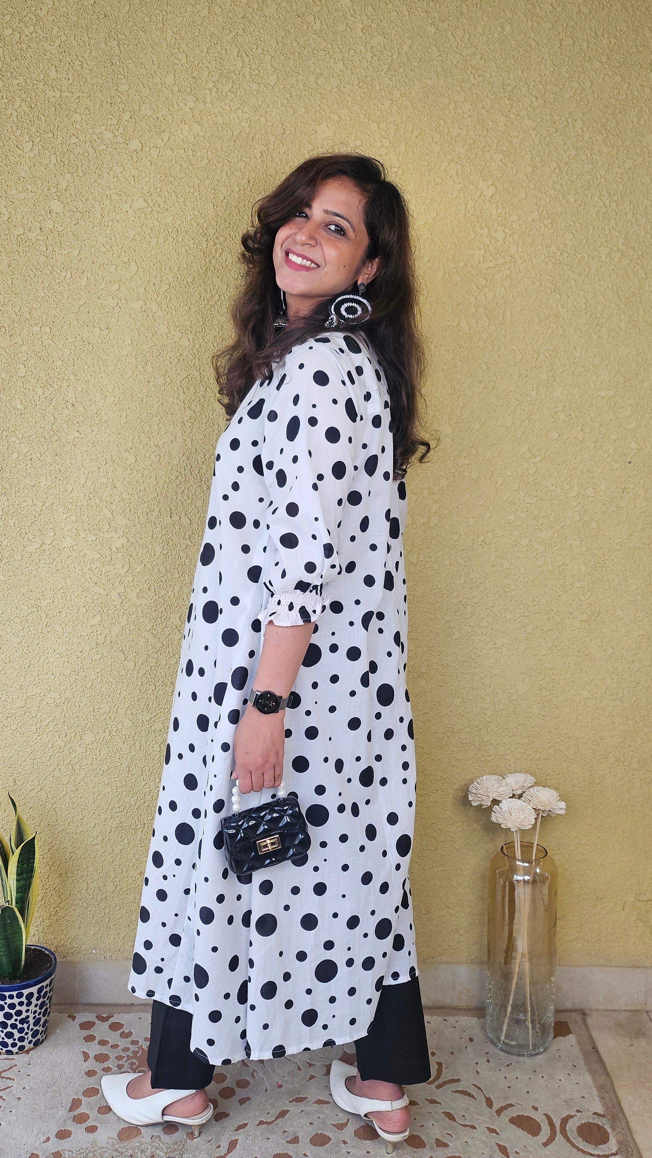 Polka Dot Mul Cotton Loose Fit Kurta with Solid Black Pants – 2 Piece Set