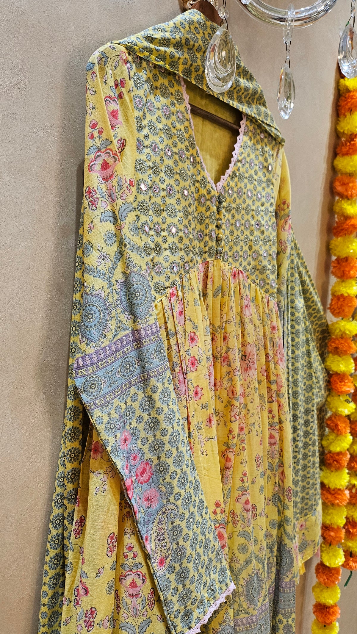 Butter Yellow Printed Mul Cotton Sharara Suit with Dupatta & Churidaar Sleeves