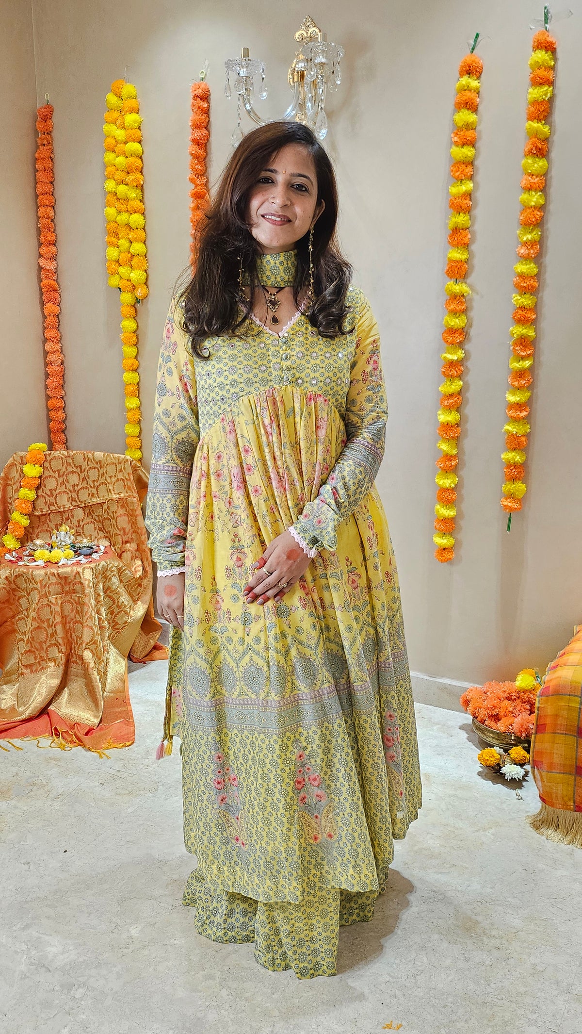 Butter Yellow Printed Mul Cotton Sharara Suit with Dupatta & Churidaar Sleeves