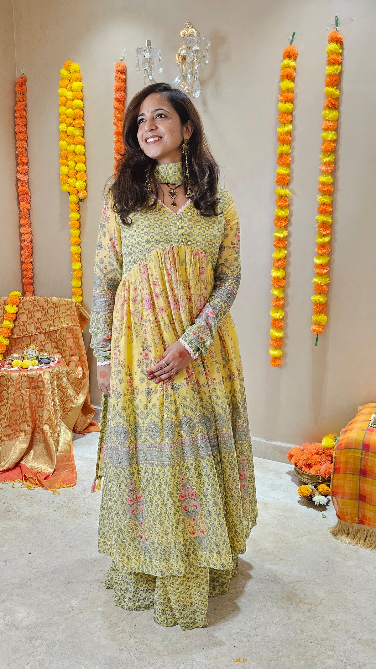 Butter Yellow Printed Mul Cotton Sharara Suit with Dupatta & Churidaar Sleeves