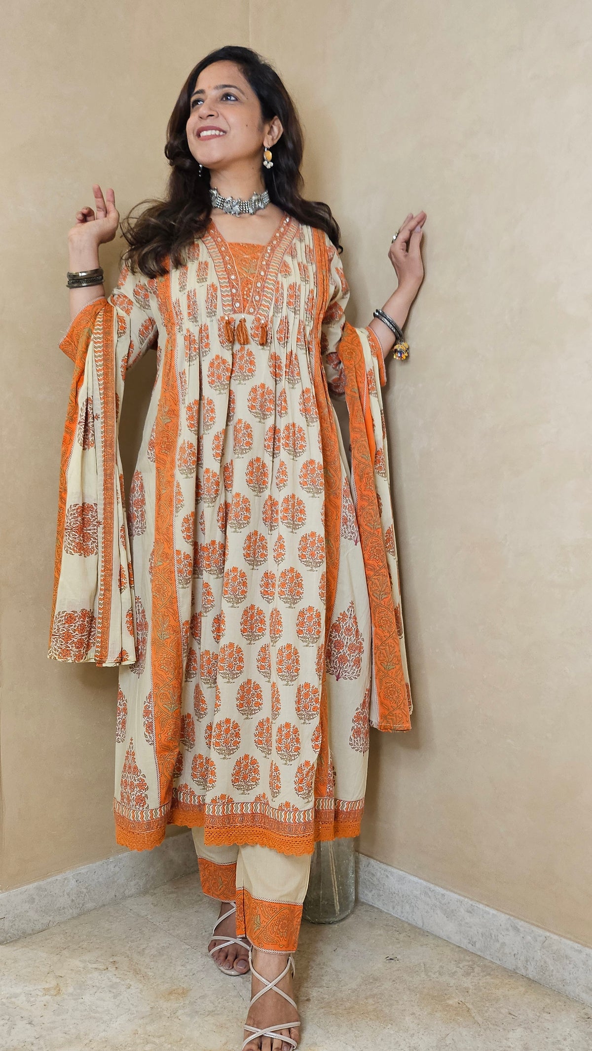 Ivory & Orange Cotton Block Print Dupatta Suit Set with Pant