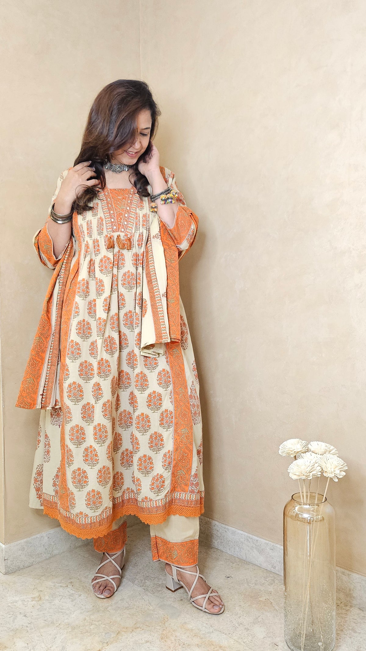Ivory & Orange Cotton Block Print Dupatta Suit Set with Pant