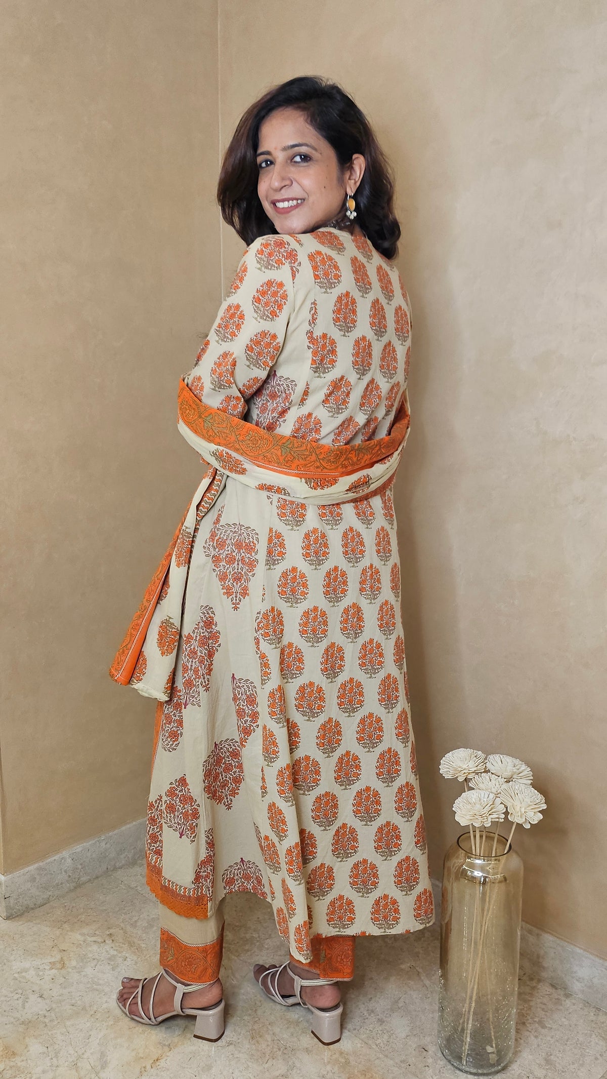 Ivory & Orange Cotton Block Print Dupatta Suit Set with Pant