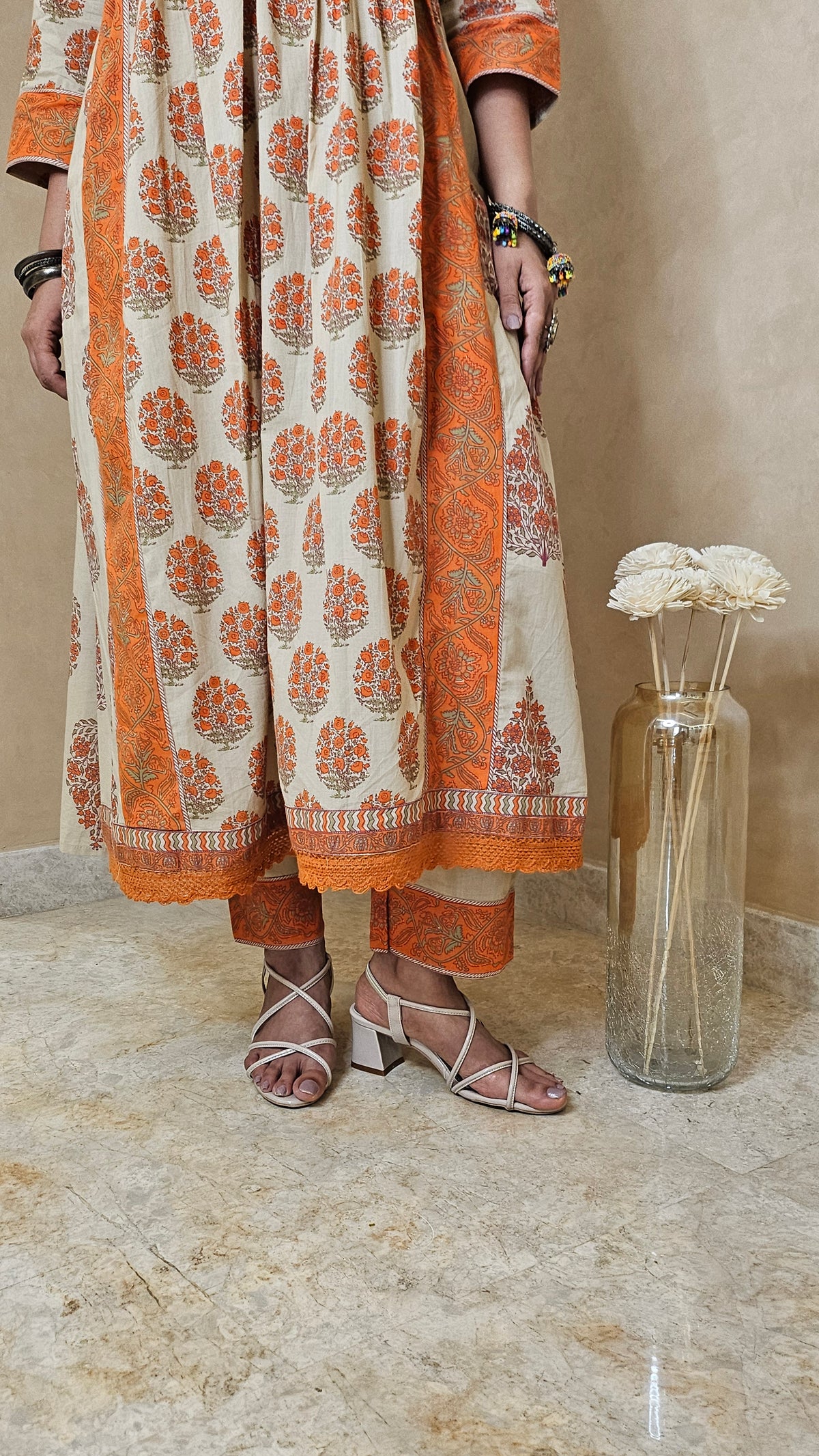 Ivory & Orange Cotton Block Print Dupatta Suit Set with Pant