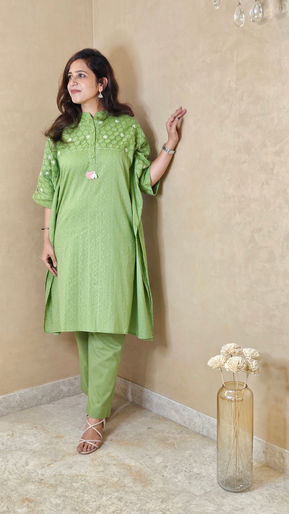 Green Cotton Kaftan Kurta Pant Set with Schiffli Work