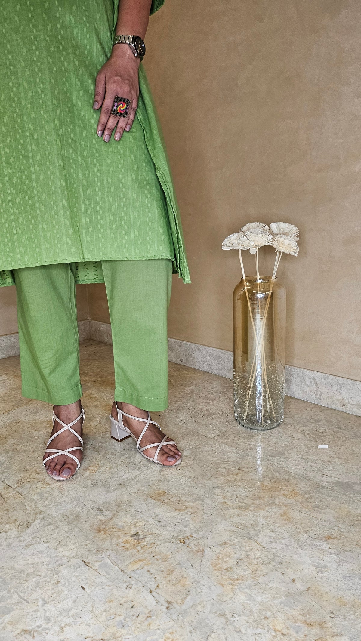 Green Cotton Kaftan Kurta Pant Set with Schiffli Work